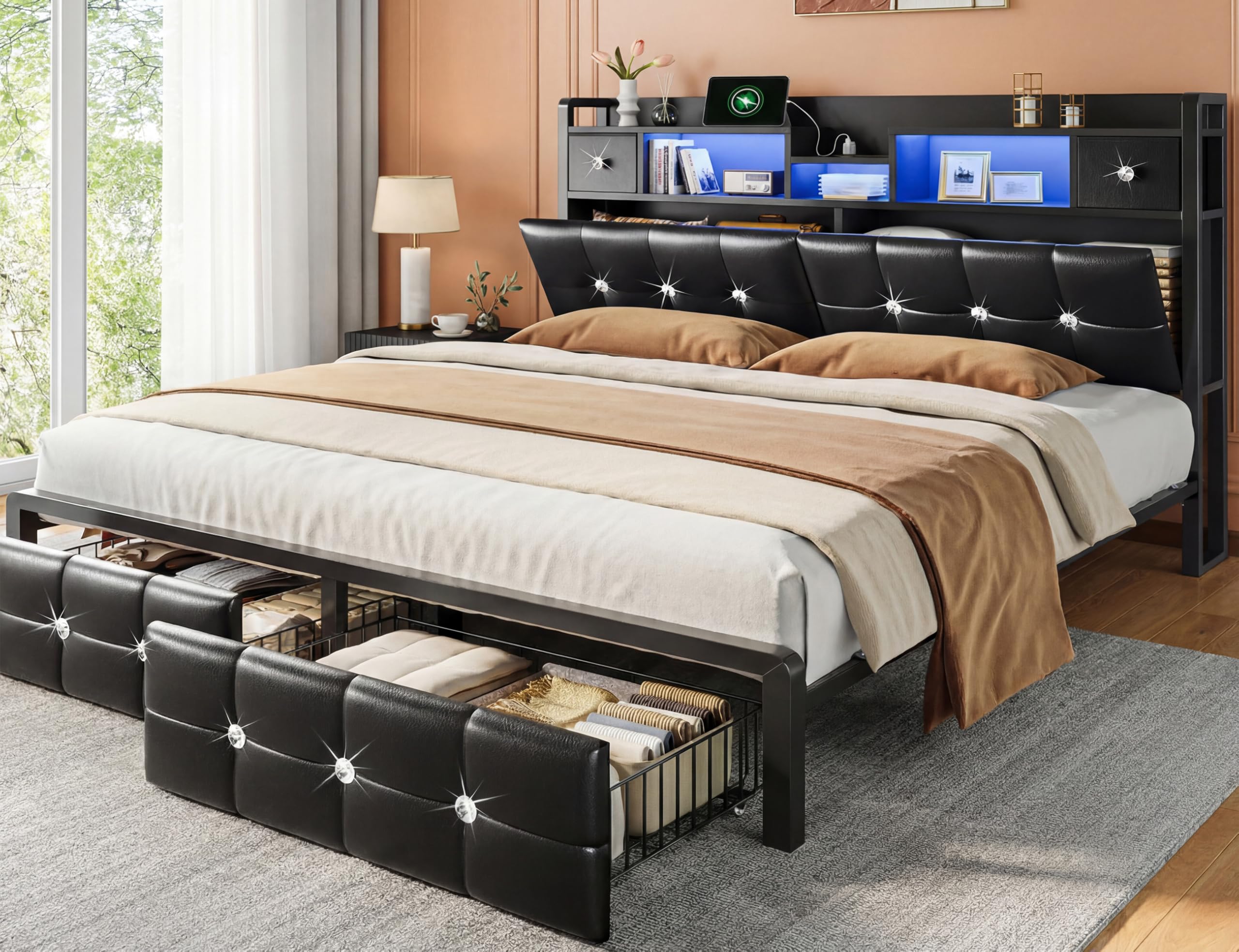 King Size Bed Frame and Hidden Storage Headboard 4 Drawers Diamond-Tufted Upholstered Leather King Platform Bed Frame with