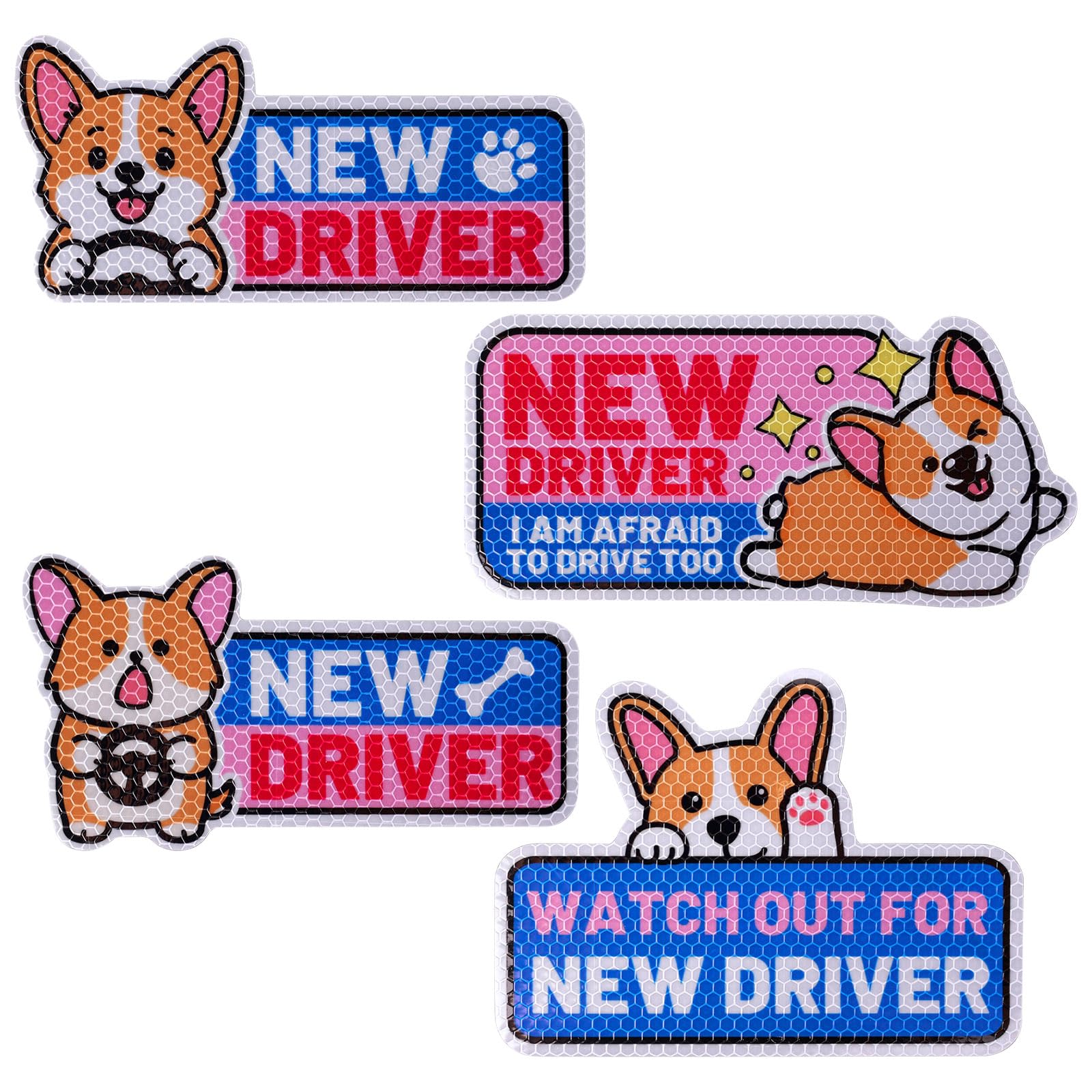 lasuroa 4pz Magneti Auto Corgi Divertente New Driver, Cartelli Riflettenti Studente Gatto Cartoon Carino Adesivi Magnetici Paraurti Riutilizzabili Avviso Sicurezza per Regali Principiante Neopatentato