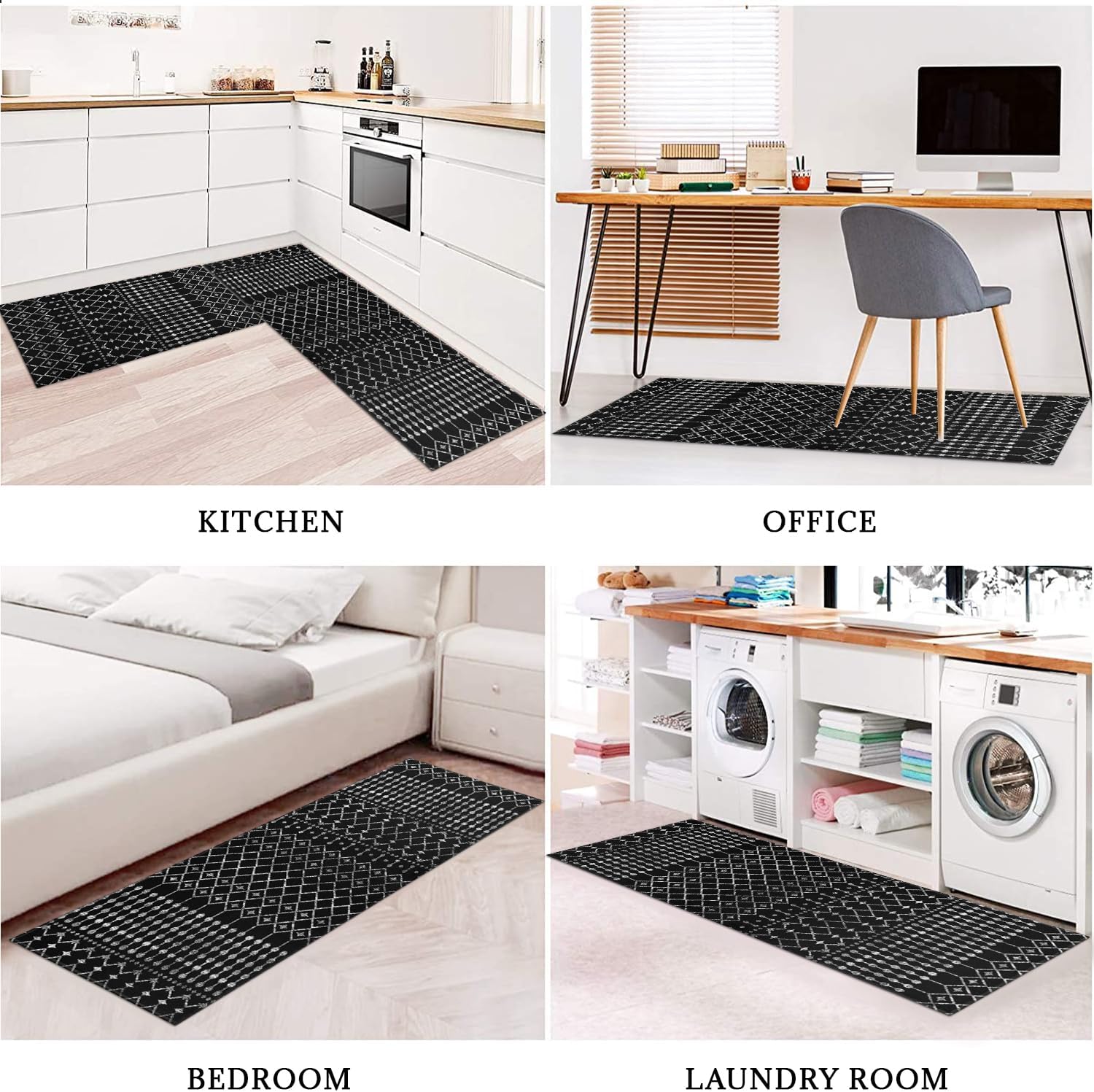Black Boho Kitchen Rug Mat Set Non Slip Washable Boho Kitchen Mats for Floor 2 Piece Black and White Kitchen Rugs Sets of 2 Home Decor