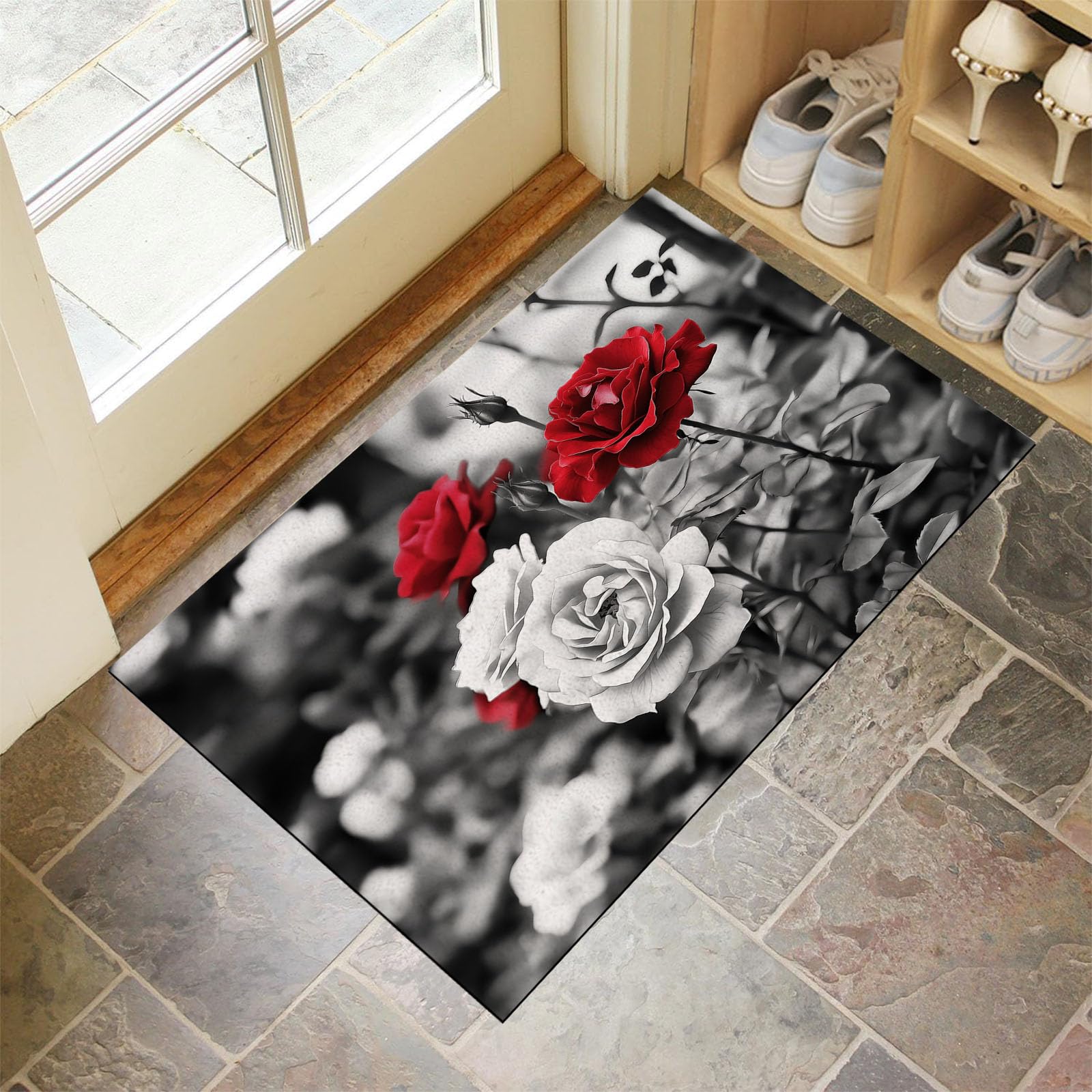 Tapis polyester antidérapant motif roses rouges, paillasson absorbant de qualité supérieure