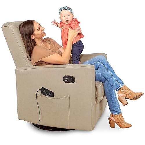 Evolur Raleigh - Asiento tapizado de felpa giratorio, balancín, reclinable, cervatillo, moderno deslizador de guardería con masajeador integrado,