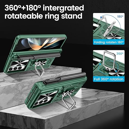 Miniatura 4 de VEGO Funda para Galaxy Z Fold 4 con soporte para bolígrafo S, protección de bisagra, soporte magnético de anillo de 360, cubierta de cámara