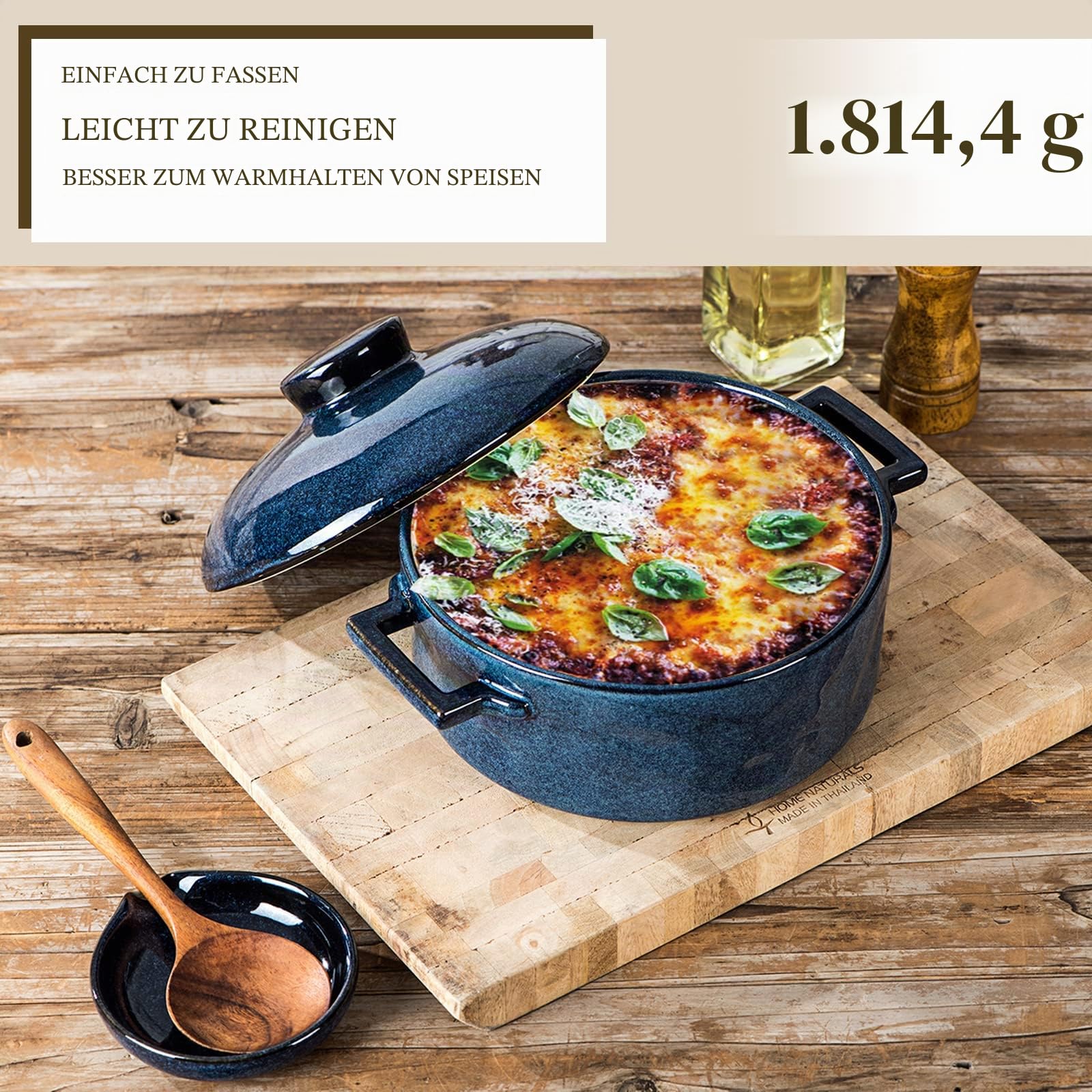 Vicrays Auflaufform mit Deckel – Keramik-Lasagnepfanne, tief, 2 l, runde Auflaufformen mit Deckel, Backgeschirr für ofenfest, Bankett, den täglichen Gebrauch (blau)