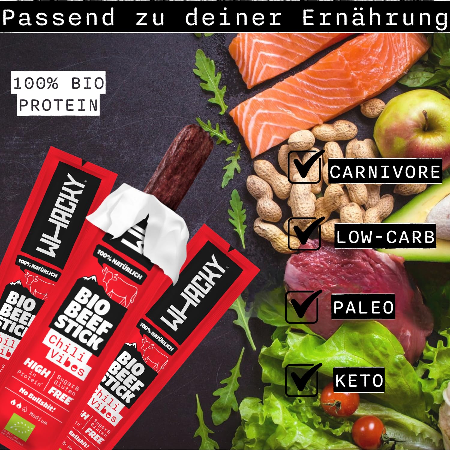 Whacky Bio Beef Sticks – Chili Vibes (30x 32g) Protein Snack aus Rindfleisch – Salami Sticks ohne Zucker – Low Carb, für Fitness, Keto, Outdoor & Unterwegs – Pikanter Chili Geschmack