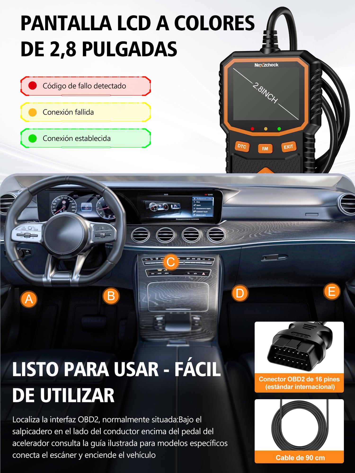 OBD2 Diagnosis Coche Scanner OBD: Máquina Diagnosis OBD2 Multimarca Apoya Español - Lector Diagnóstico para Borrar Códigos de Error Controlar Luz Motor Compatible BMW Mercedes Audi Vehículos OBDII
