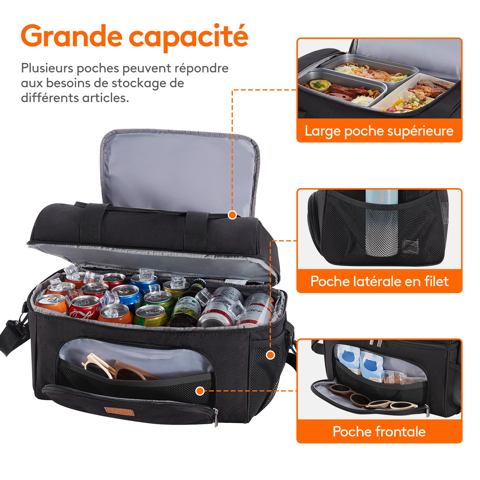Lifewit Koeltas, 40 liter, 60 blikjes, opvouwbare picknicktas voor eten en dranken, koelbox, draagbare ijstas voor mannen en vrouwen, geïsoleerde thermotas voor werk, picknicks, camping, zwart