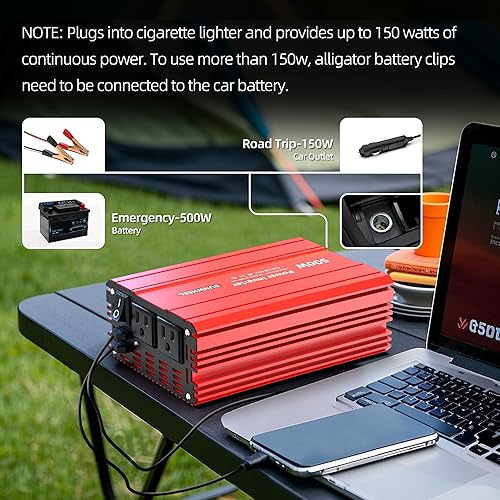Miniatura 7 de SUNWHEEL Inversor de corriente de 500 W CC 12 V a 110 V CA inversor de coche con 2 puertos USB de 3.1 A y salida de CA doble, equipado con 1