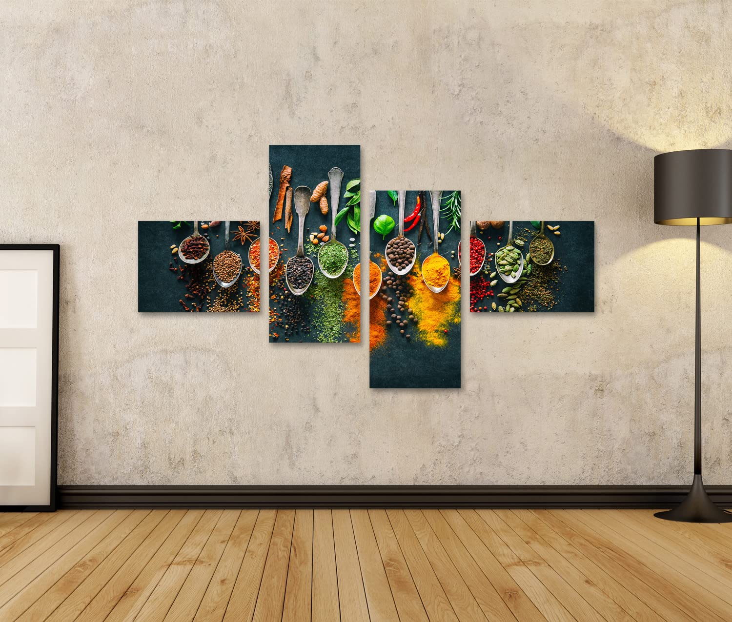 bilderfelix Quadro su tela Erbe varie colorate Spezie Cucina Sfondo scuro - Tela 150x80 cm - 4 pannelli