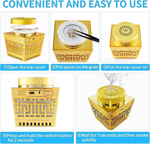 Miniatura 4 de Bakhoor - Mini quemador de incienso eléctrico, difusor de aroma USB recargable portátil con luz de control remoto, soporte de incienso árabe