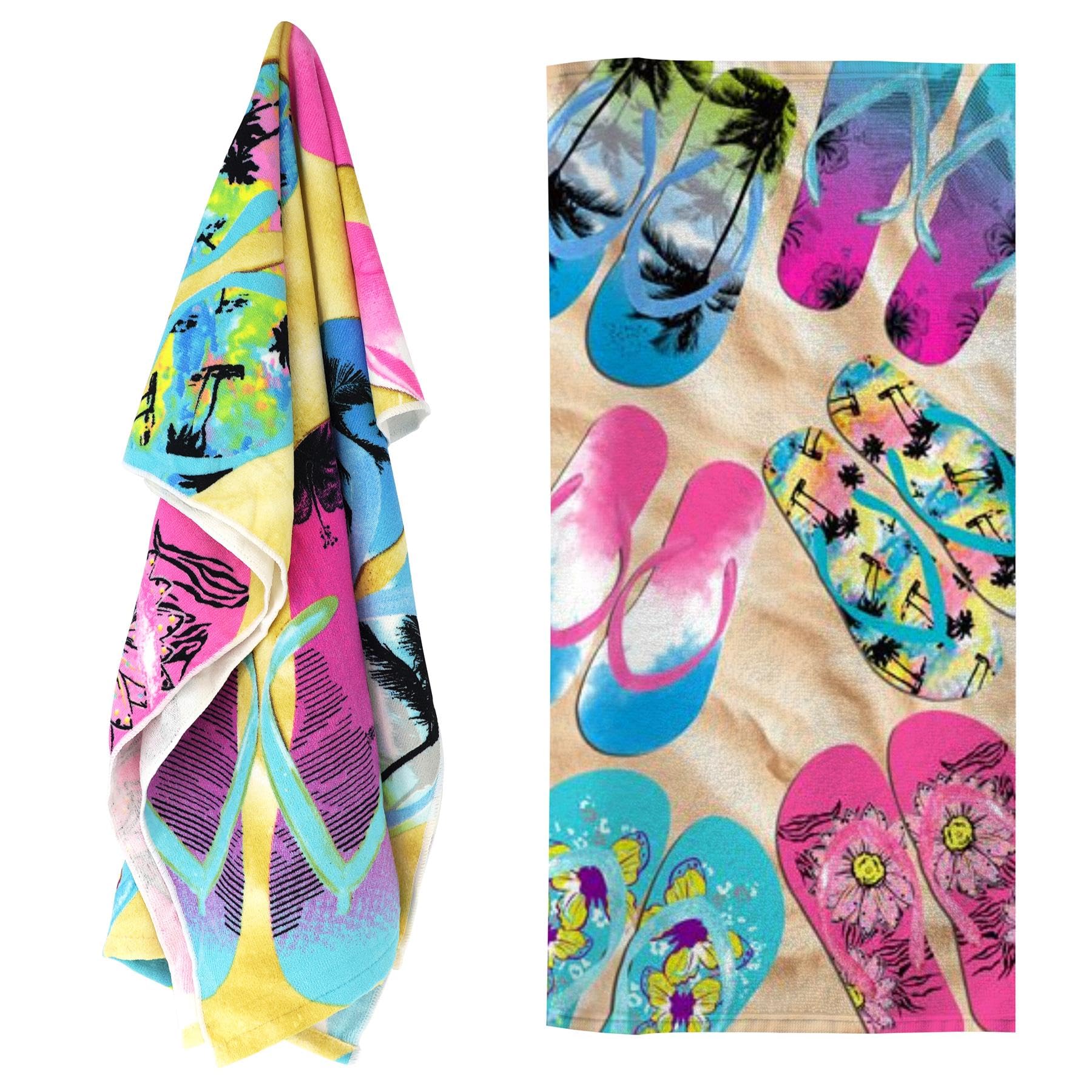 GEEZY Flip Flop Microfibre Beach Towel, 70 x 140cm - Quick Dry Sand Free | Vibrant colourful sandal summer print. Smooth surface shakes clean easily. Absorbs water fast for swimming or travel.