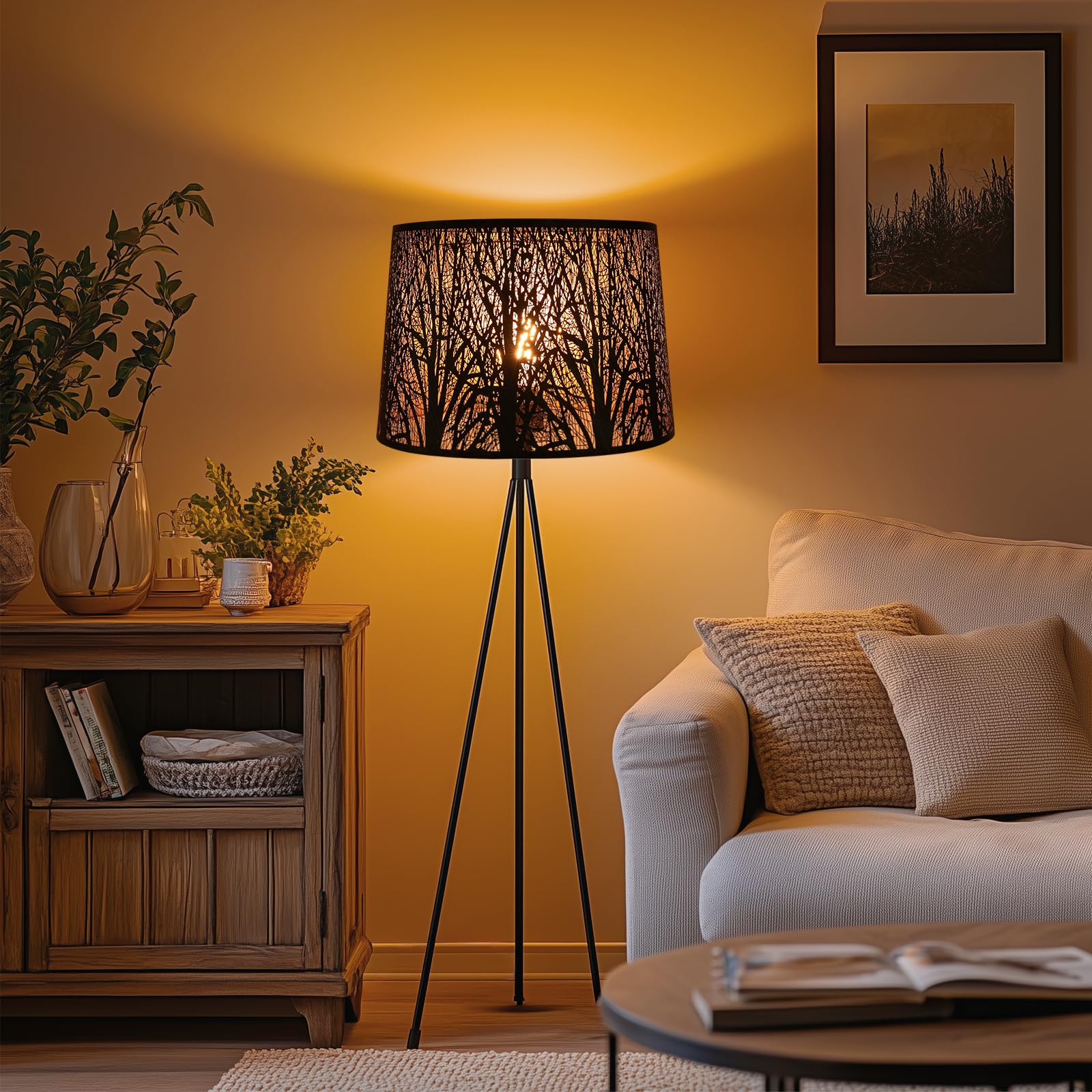 ALUCSET Extra Large Lampshade 14'' Top 16'' Bottom 11'' High Etched Metal Forest Design Metal Lamp Shade For Floor Lamps in Living Room, Bedroom, Decor, Spider Fitter, Antique Bronze and Gold Plated