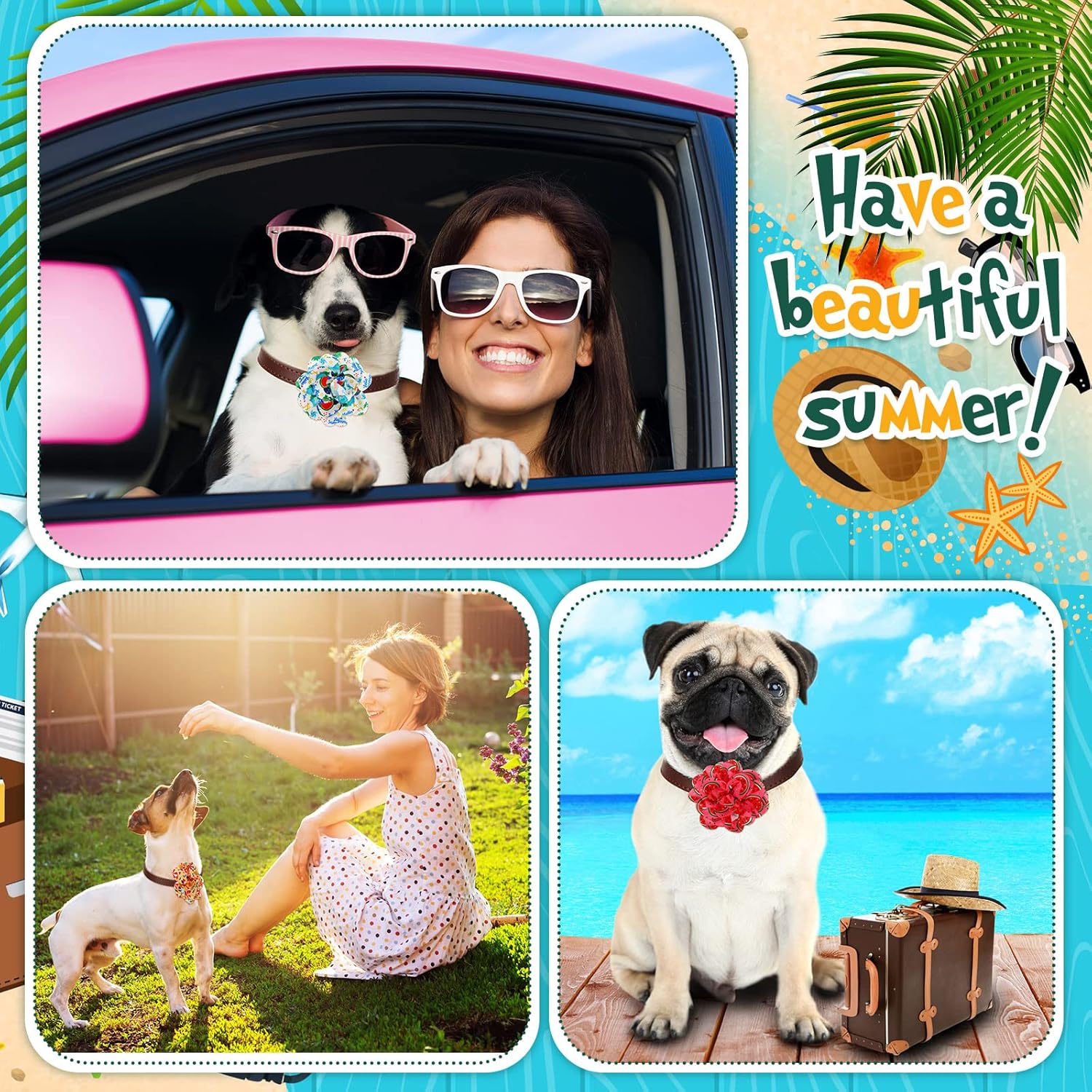 Sanwuta 100 Pcs Dog Collar Flower Bows for Dogs Soft Multi Color Flower Bows Chiffon Dog Collar Accessory for Small Medium Large Puppy Cats Grooming Birthday Wedding Spring Summer Hawaiian Parties