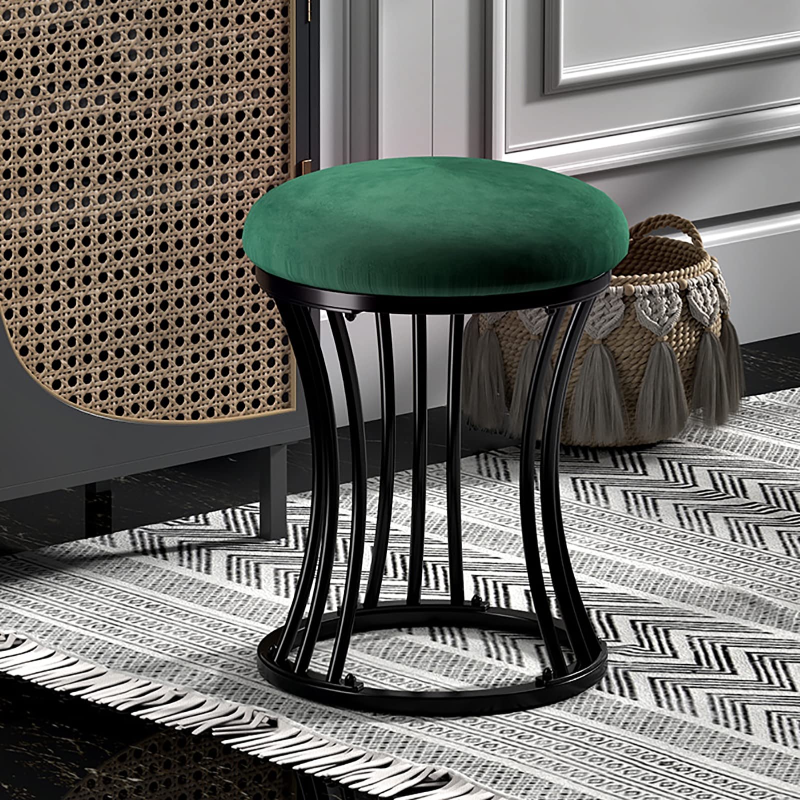 Taburetes de tocador verde de franela acolchado suave y taburete moderno multifuncional para dormitorio