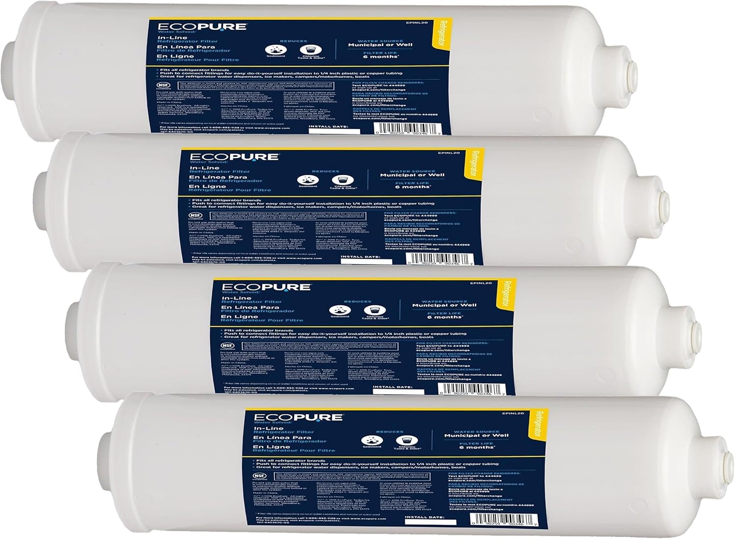 EcoPure EPINL20 In-Line Refrigerator Water and Icemaker Filter - Universal, Fits All Major Brand Refrigerators - High Capacity - Built to Last,White, 1 Count (Pack of 4)