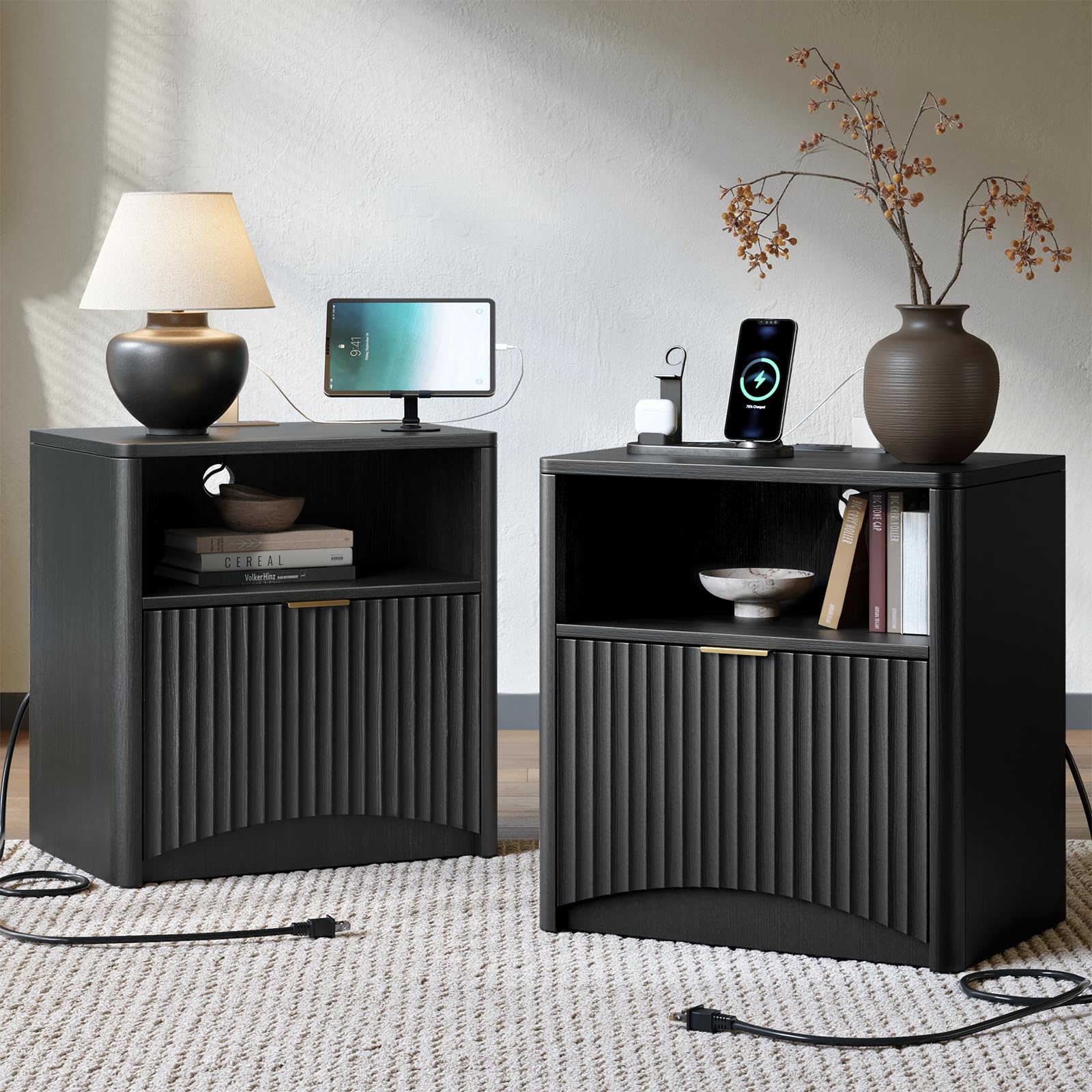 Evermagin Fluted Nightstand Set of 2 with Charging Station, Black