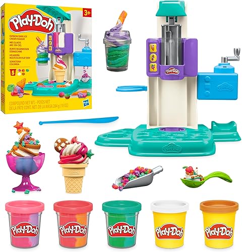 Play-Doh Juego de helado de remolino arcoíris con 7 accesorios de cocina, juguetes de arte y manualidades para niñas y niños de 3 años en adelante