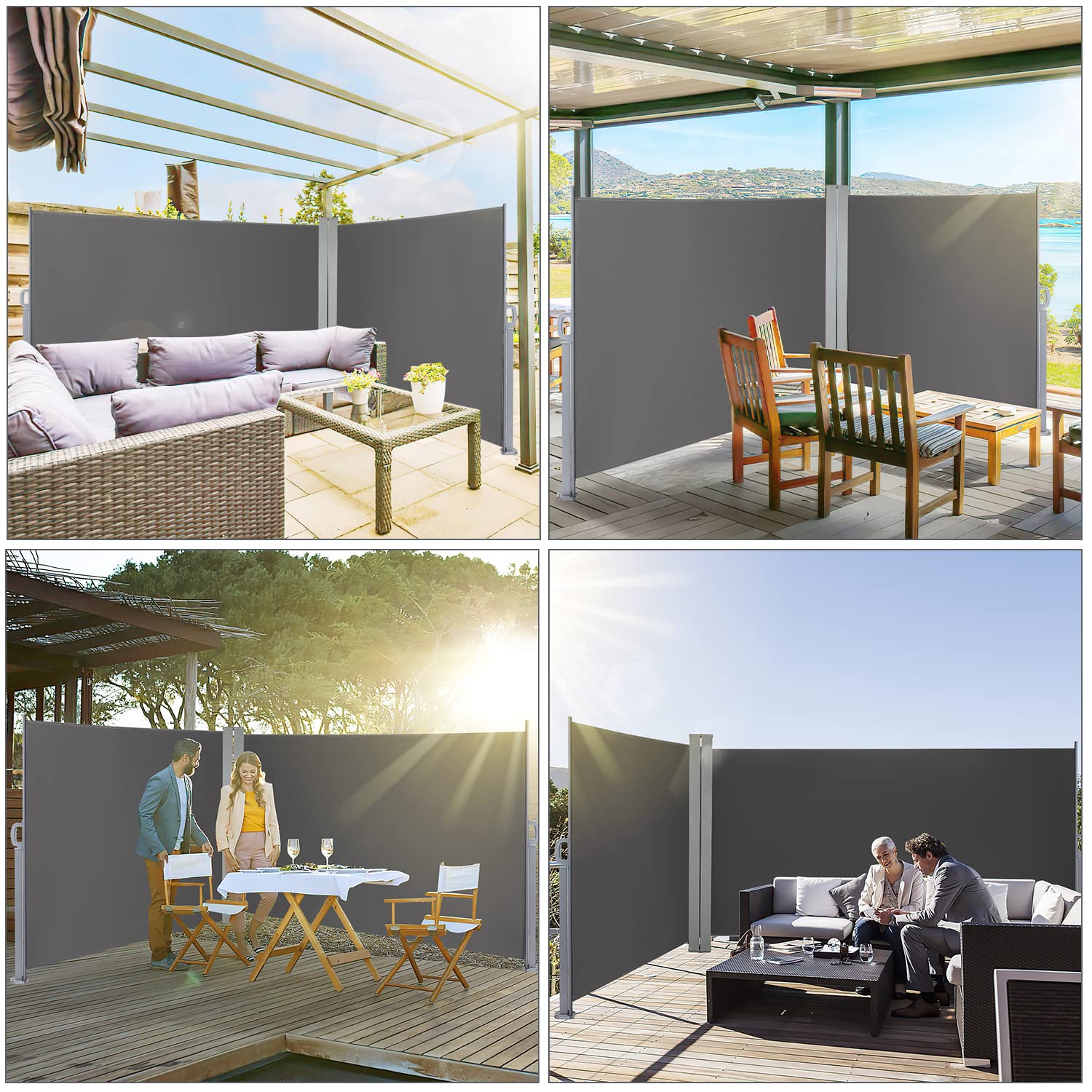 Herrselsam Store latéral Double, 160x600cm Extractible Brise-Vue Pare-Soleil, Protection Solaire, Brise-Vent, Vertical pour Jardin, Balcon, Terrasse, Gris