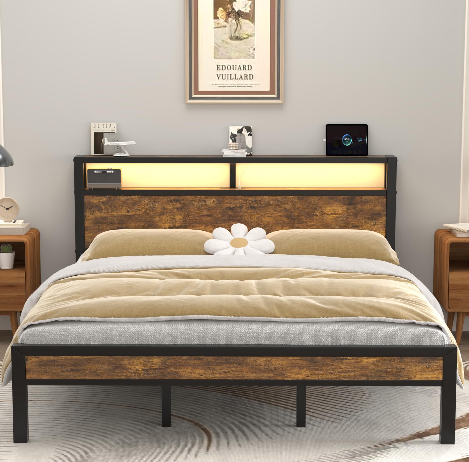 HAY com King Size Bed Frame with LED Light and Charging Station Metal Platform Bed with Storage Headboard