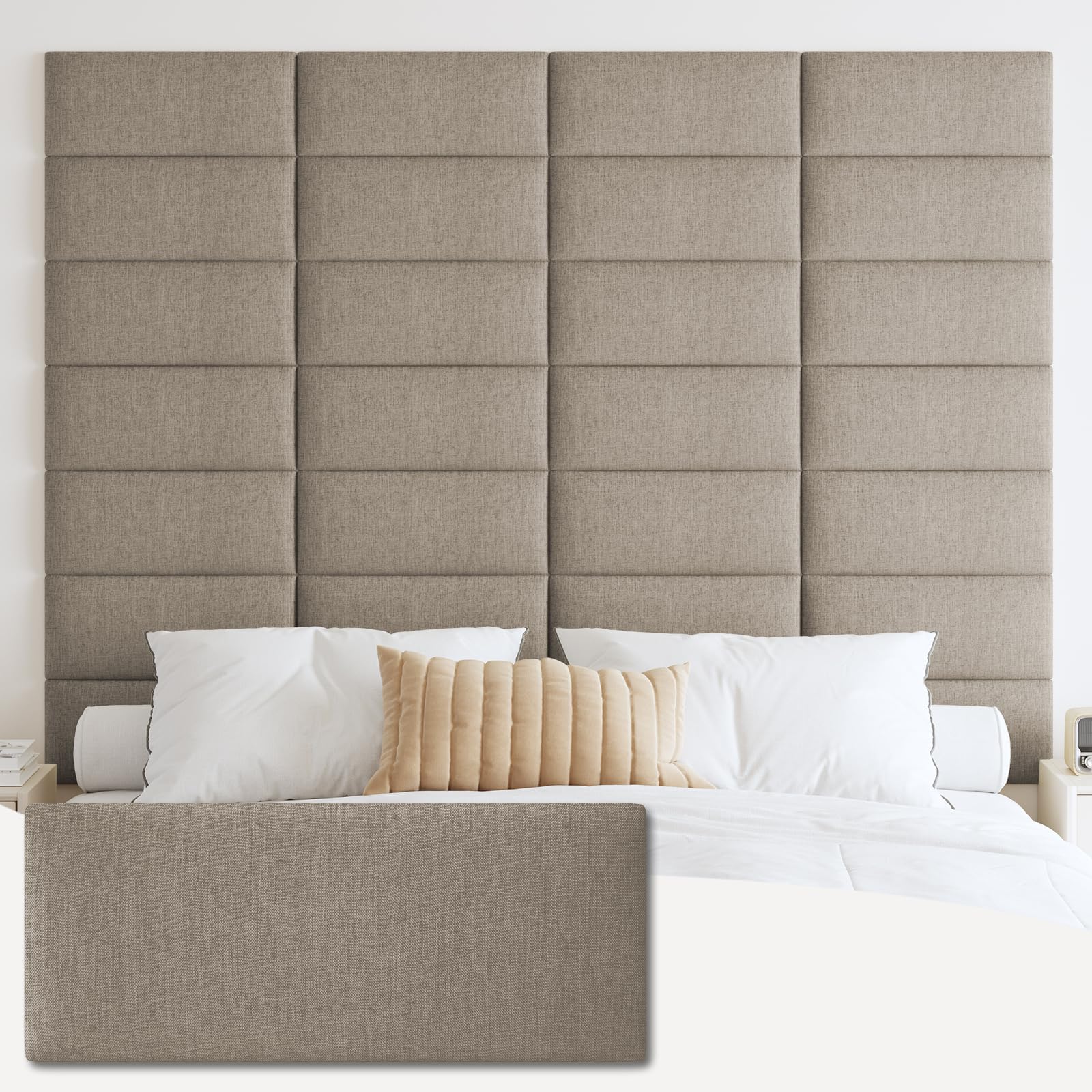 SIMILAR TO NOT EXACT Upholstered Wall Mounted Headboard, 3D Soundproof Wall Panels Peel and Stick Headboard for Queen Size, Reusable and Removable Tufted Bed Headboard in Linen(9 Panels, 10\" x 24\")