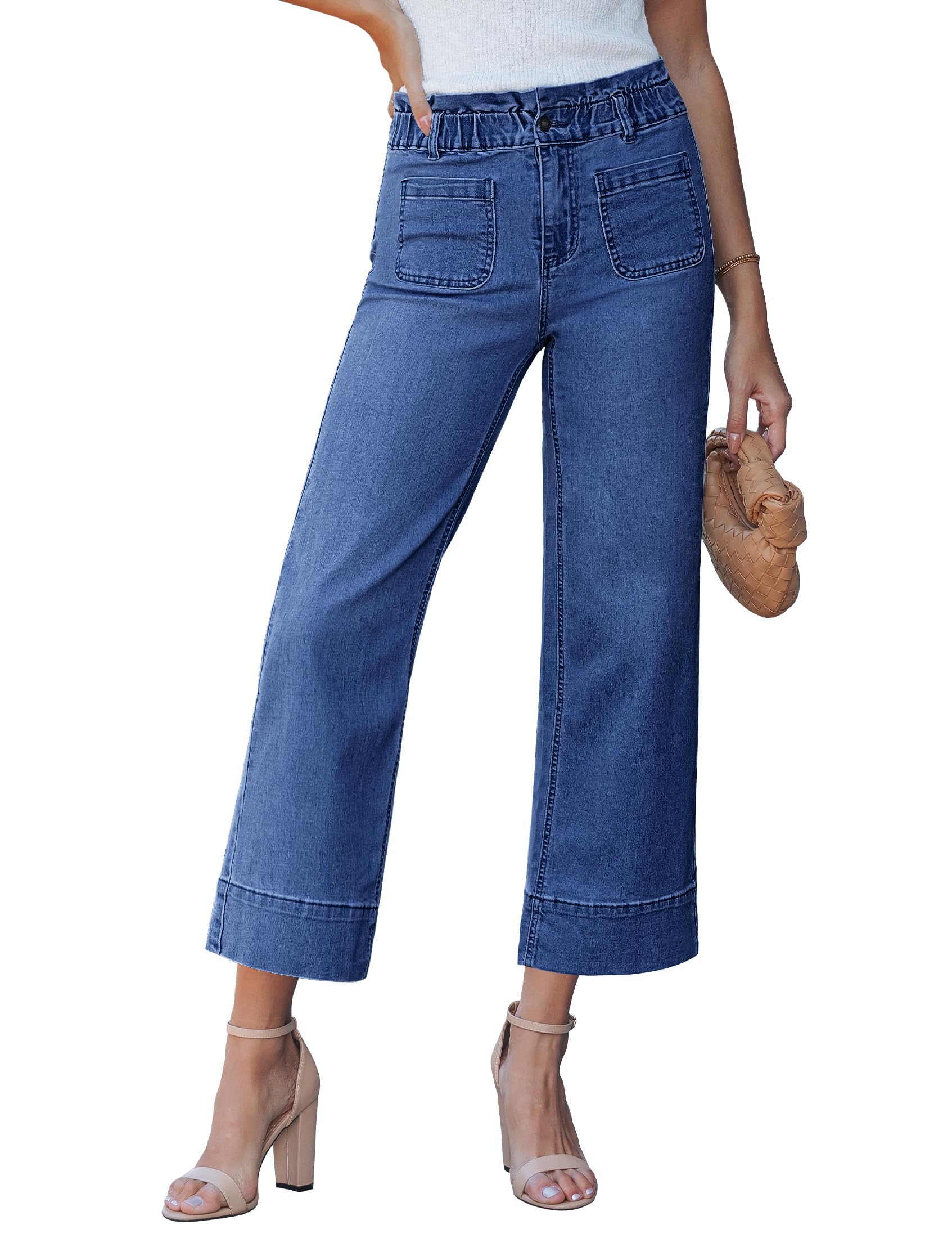 luvamia Wide Leg Jeans for Women Cropped High Waisted Patch Pocket Paper Bag Waist Stretchy Denim Pants Trouser