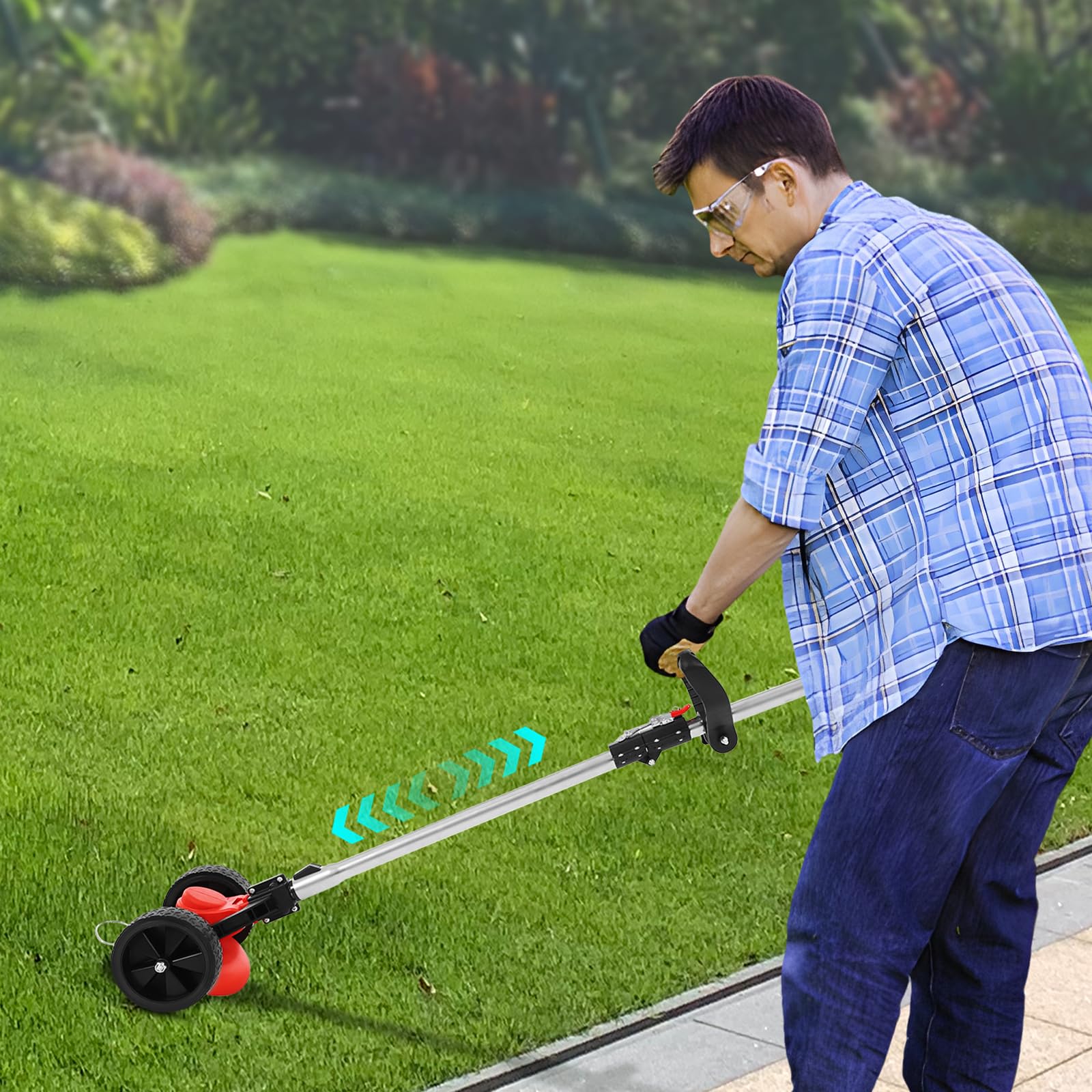 Cortacésped con batería 3 en 1, 800 W, con varilla telescópica ajustable (120 – 151 cm), cargador y batería de respaldo de 1000 mA, cabezal de corte de 0 – 90°, dispositivo de eliminación de malas