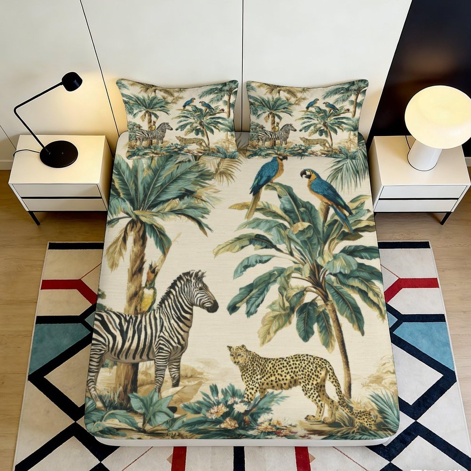 3D Printed Jungle Safari Fitted Sheet Microfiber Soft Parrot Leopard Mattress Cover for Bedroom Dorm Decor 90x200x25cm