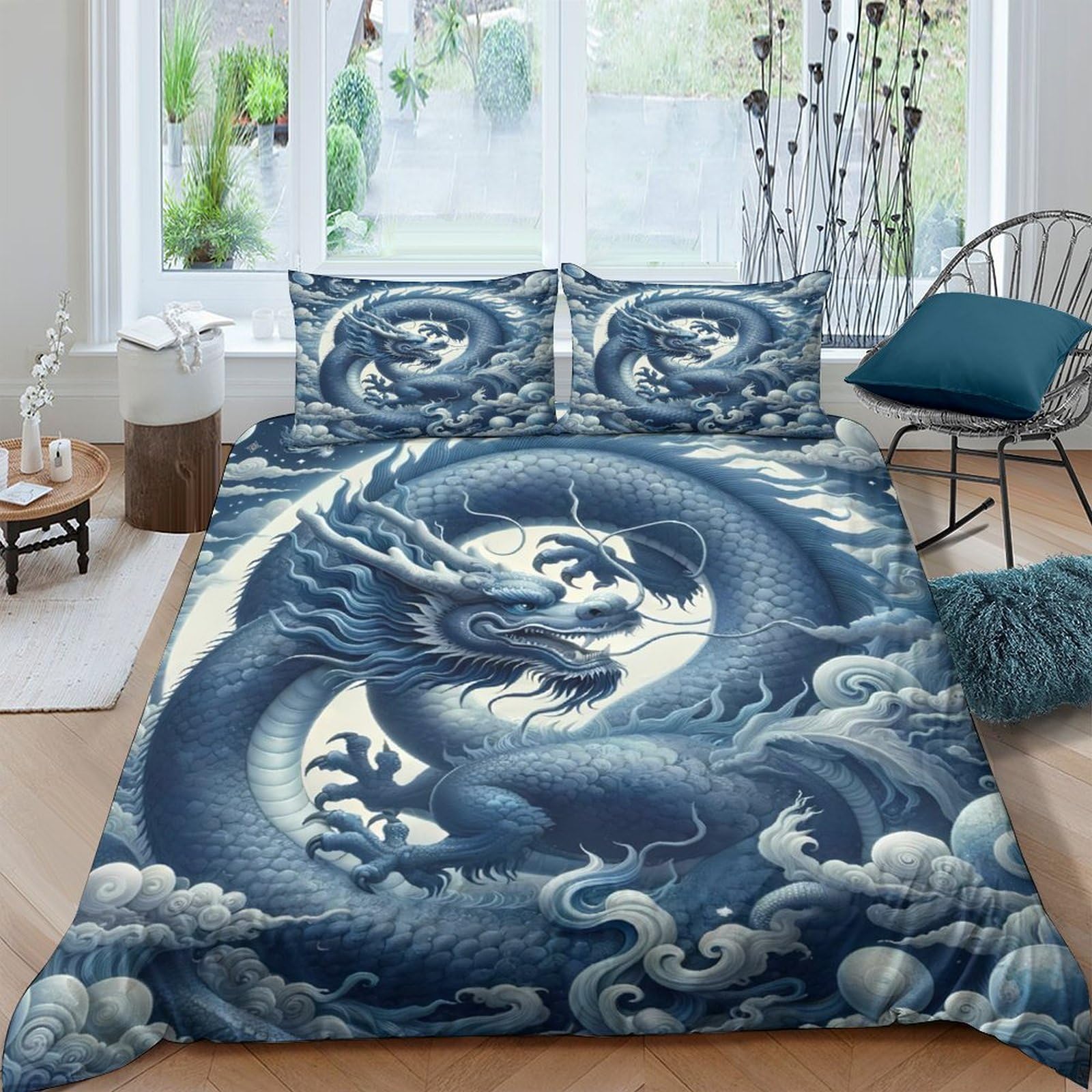 Ctjqhvkz Style-4 3D Printed Blue Dragon Fitted Sheet Microfiber Soft Mattress Cover Asian Cloud Decor For Bedroom Guest Room Single（135X200cm）