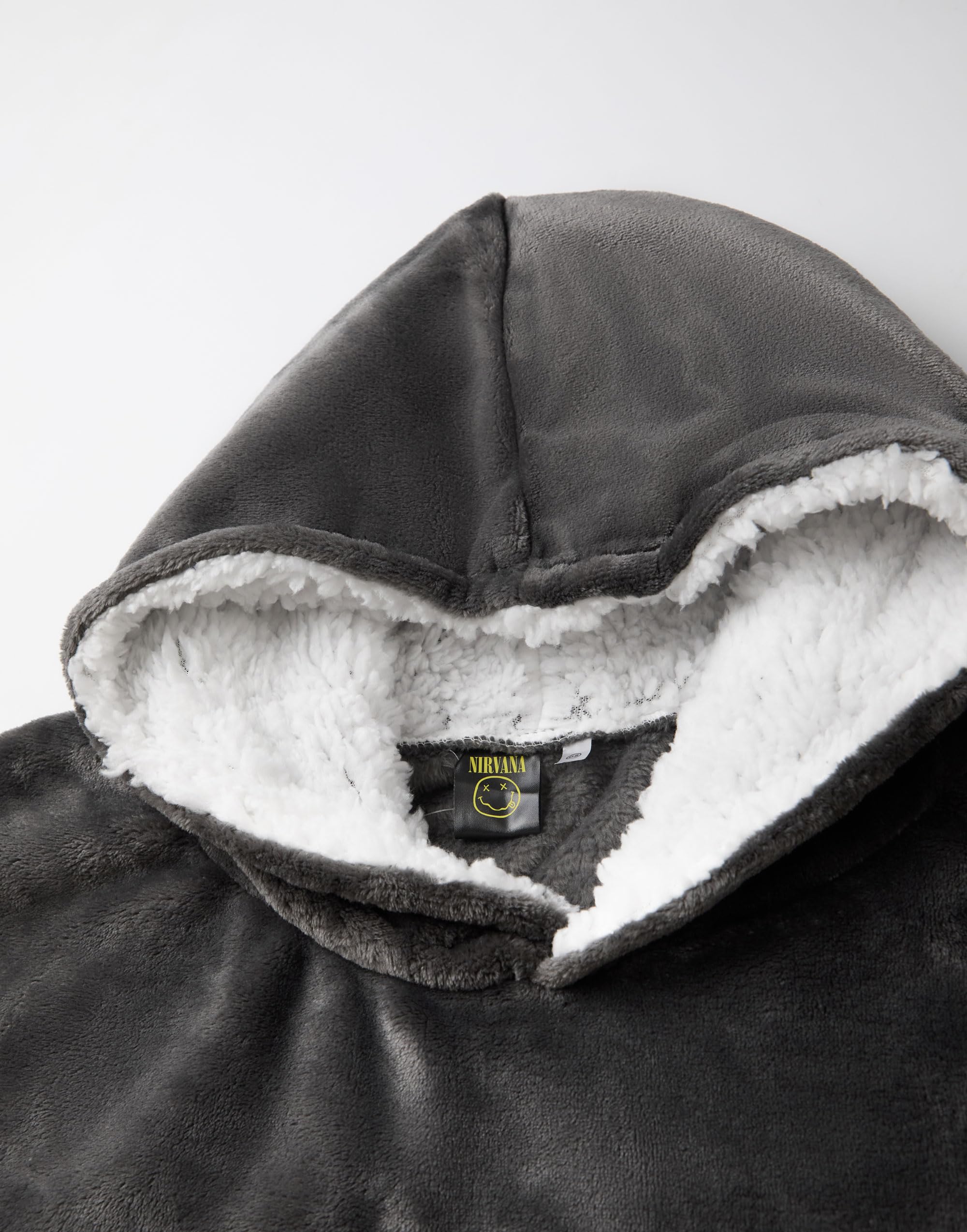 Nirvana Felpa con Cappuccio Coperta indossabile da Uomo | Pullover con Cappuccio Grigio per Adulti con Stampa Grafica del Volto del Logo Abbigliamento da casa Rock Band Foderato in Sherpa