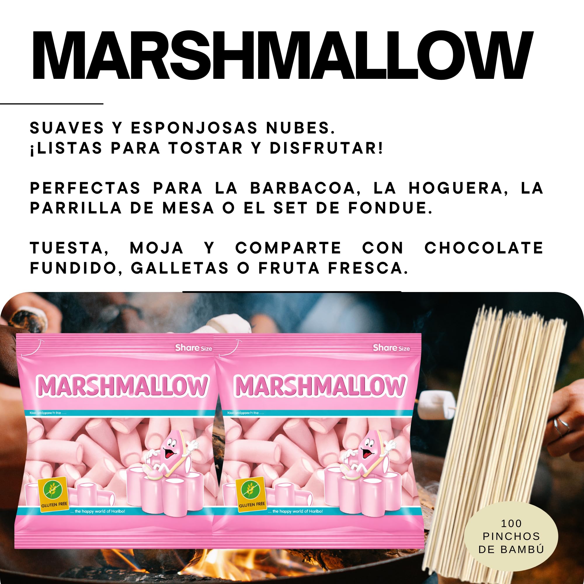 Kit Chocolate Belga para Fundir BBQ & Fondue (200g Negro + Blanco) + 2 Bolsas Marshmallow + 100 Pinchos Bambú, Chocolate para Barbacoa, Parrilla y Postres