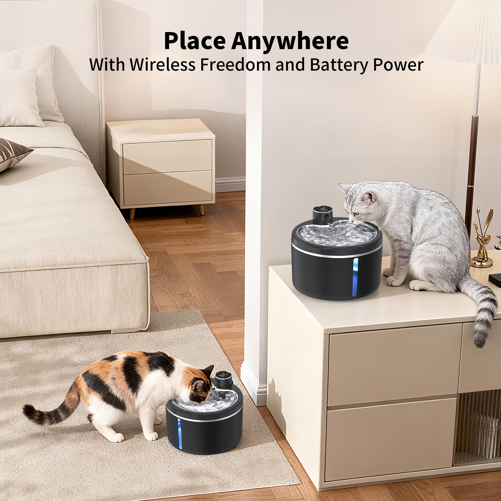 Cat Water Fountain Cordless, 108oz/3L Pet Fountains for Cats Indoor with Stainless Steel Tray, Battery Operated Cat Drinking Fountain with Motion Sensor, Ultra Quiet Pump (Cat Fountain+8Filters) - image 2
