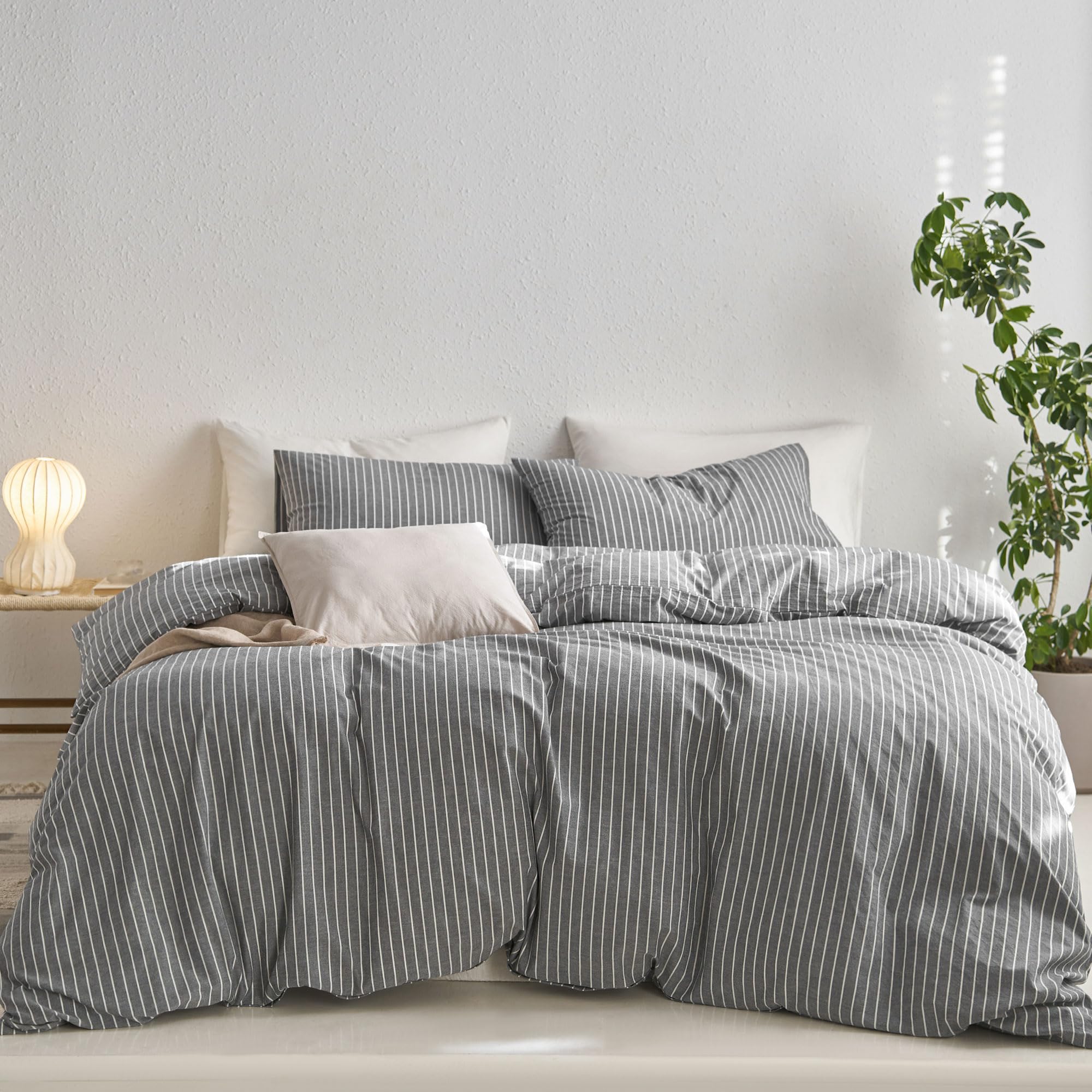 MooMee Striped Duvet Cover Set 100% Washed Cotton Linen Like