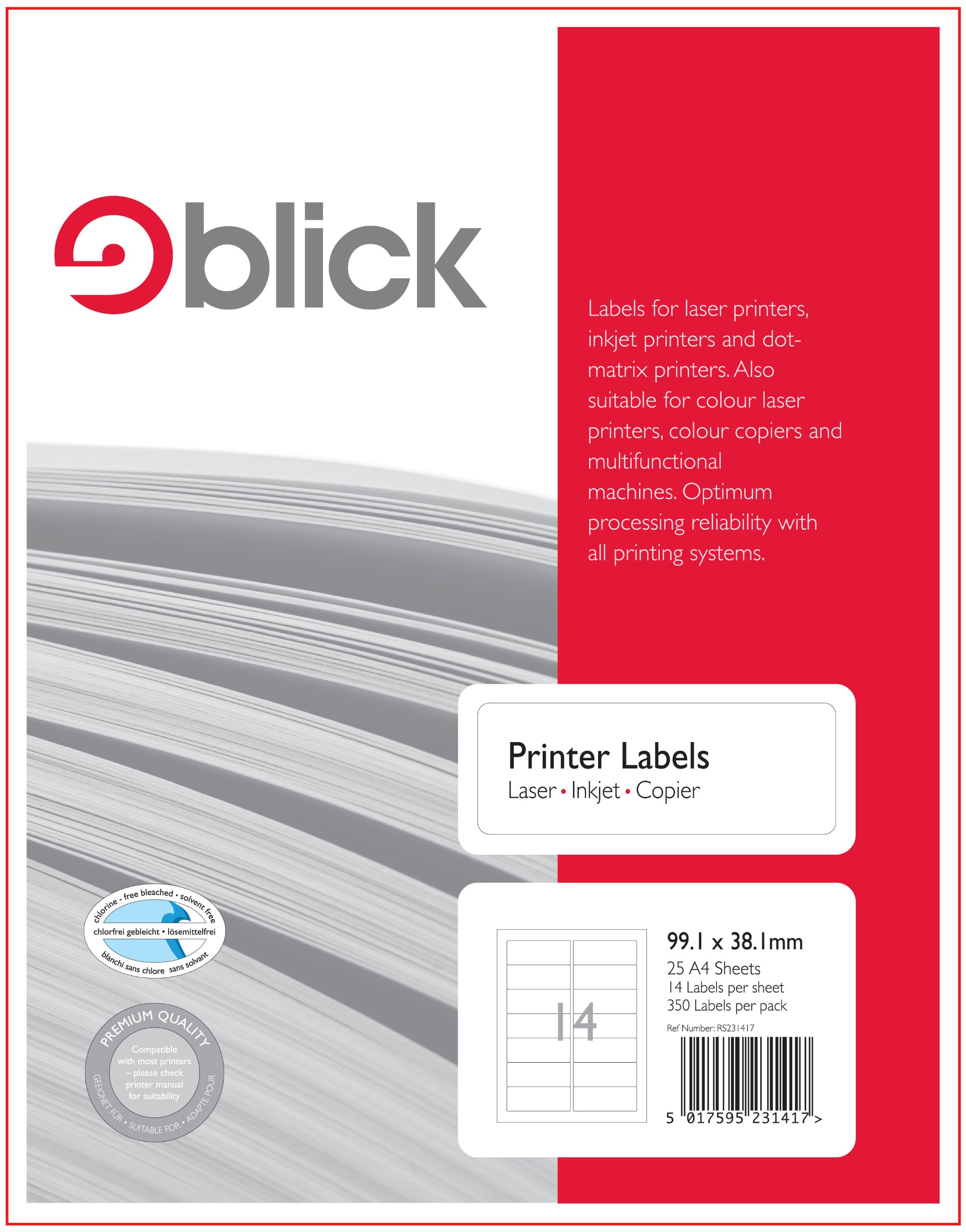 Blick Labels, White, 14 Per Sheet 25 Sheets, Rectangular, 99.1mm x 38.1mm, 350 Labels, for Home, Office, Family, School
