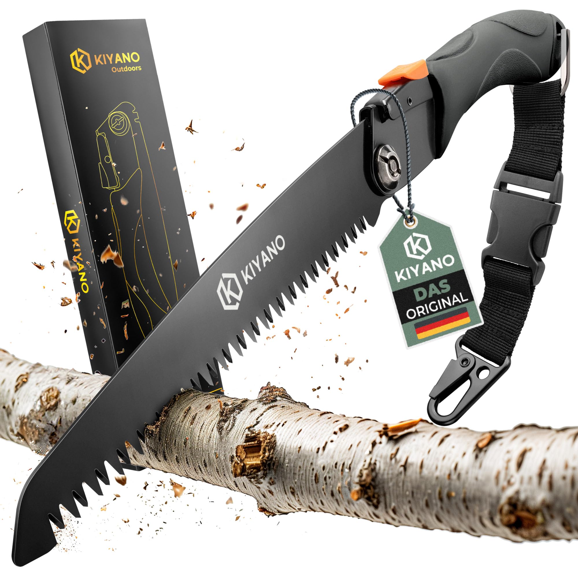 KIYANO® Sierra plegable premium para exteriores/podar con bloqueo de seguridad, incluye mosquetón táctico (210 mm), sierra de mano de madera de acero al carbono SK5, para Bushcraft, supervivencia,