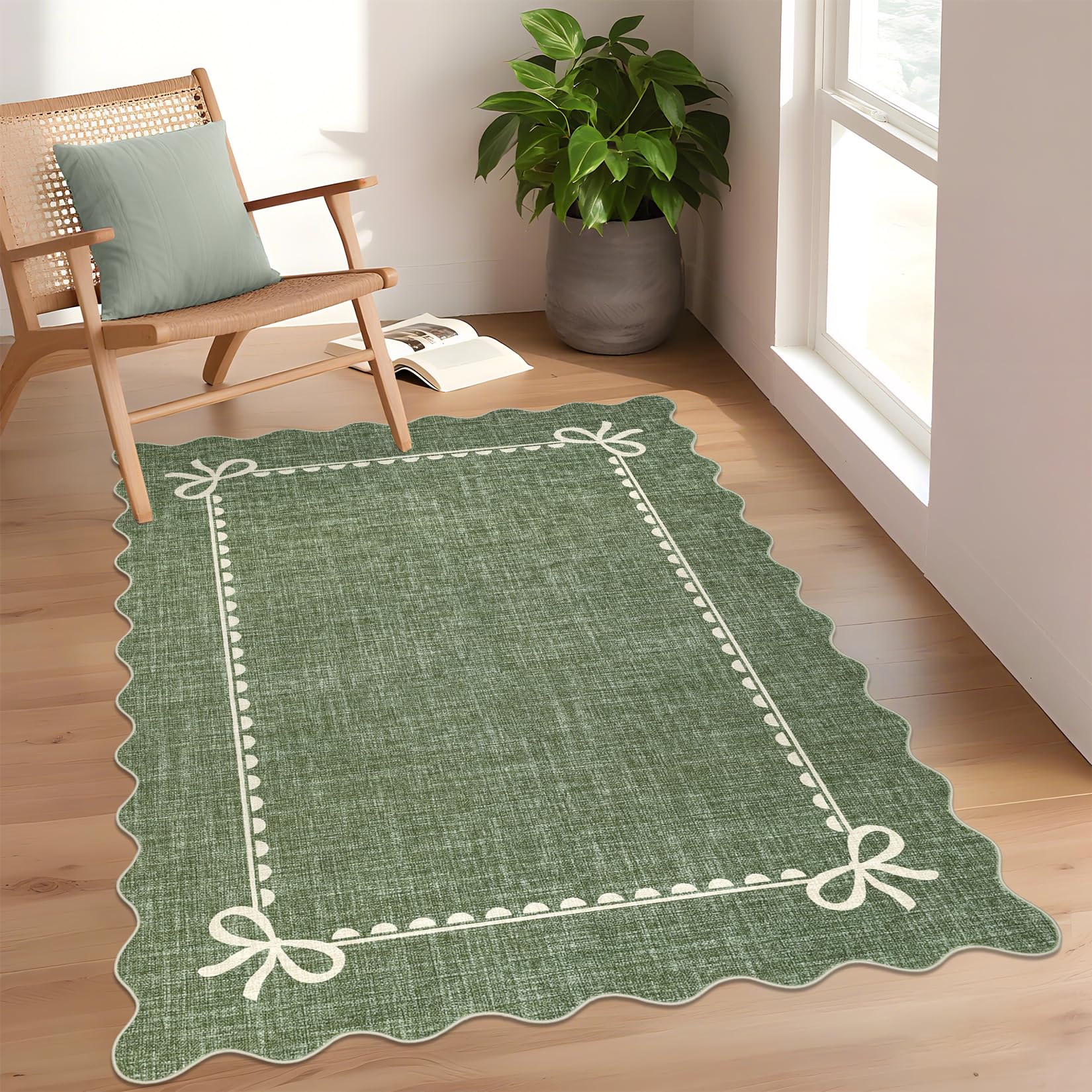GarveeHome Scalloped Bow Rug for Living Room, Solid Green Rug for Dorm, Washable Rugs 4x6 Soft Low Pile Non Slip Scalloped Rugs for Nursery College