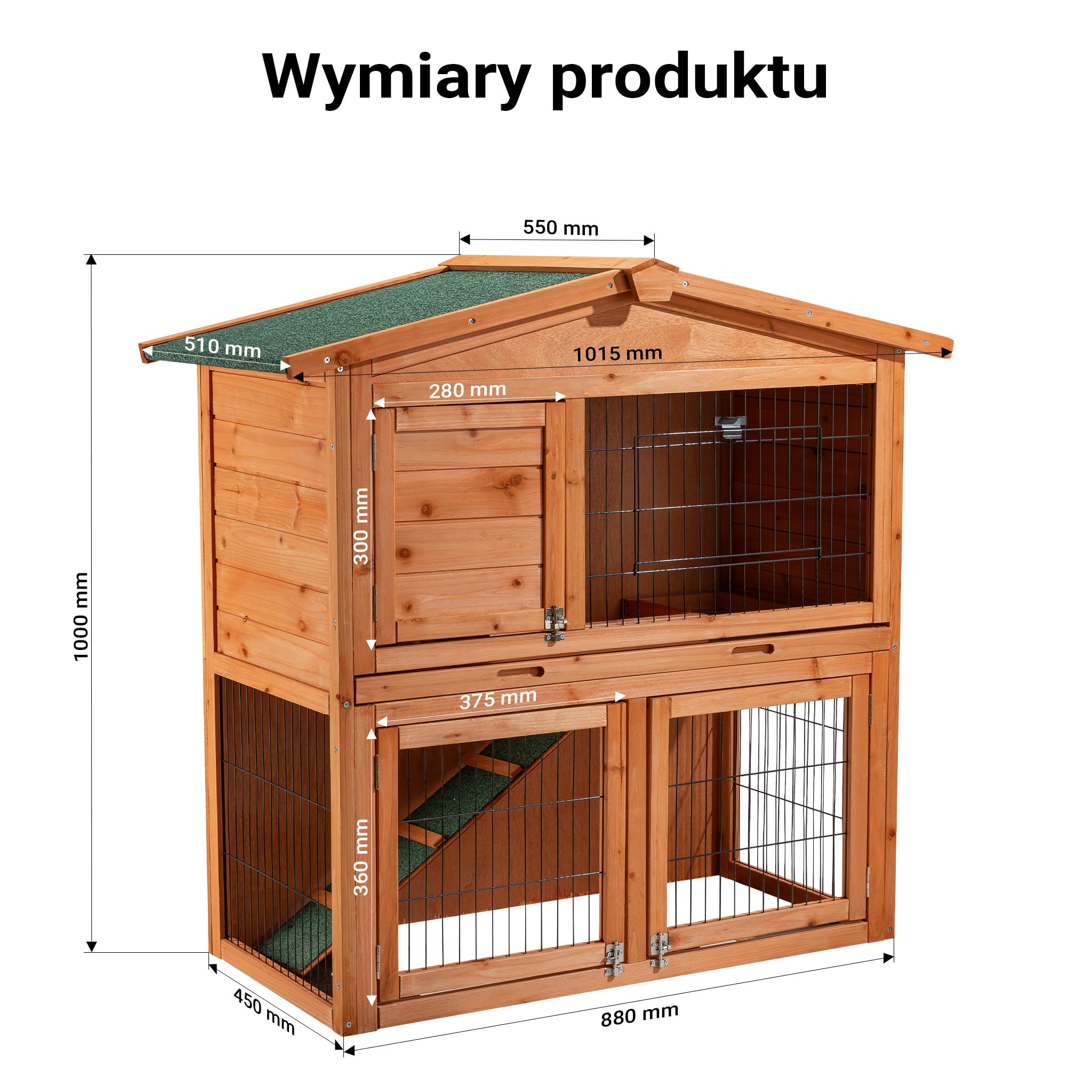 Wiltec 2-poziomowy domek dla gryzoni 871 x 547 x 1000 mm, dwupoziomowa klatka dla królików wykonana z drewna świerkowego, z dachem bitumicznym i wanienką na odchody, wybieg dla małych zwierząt