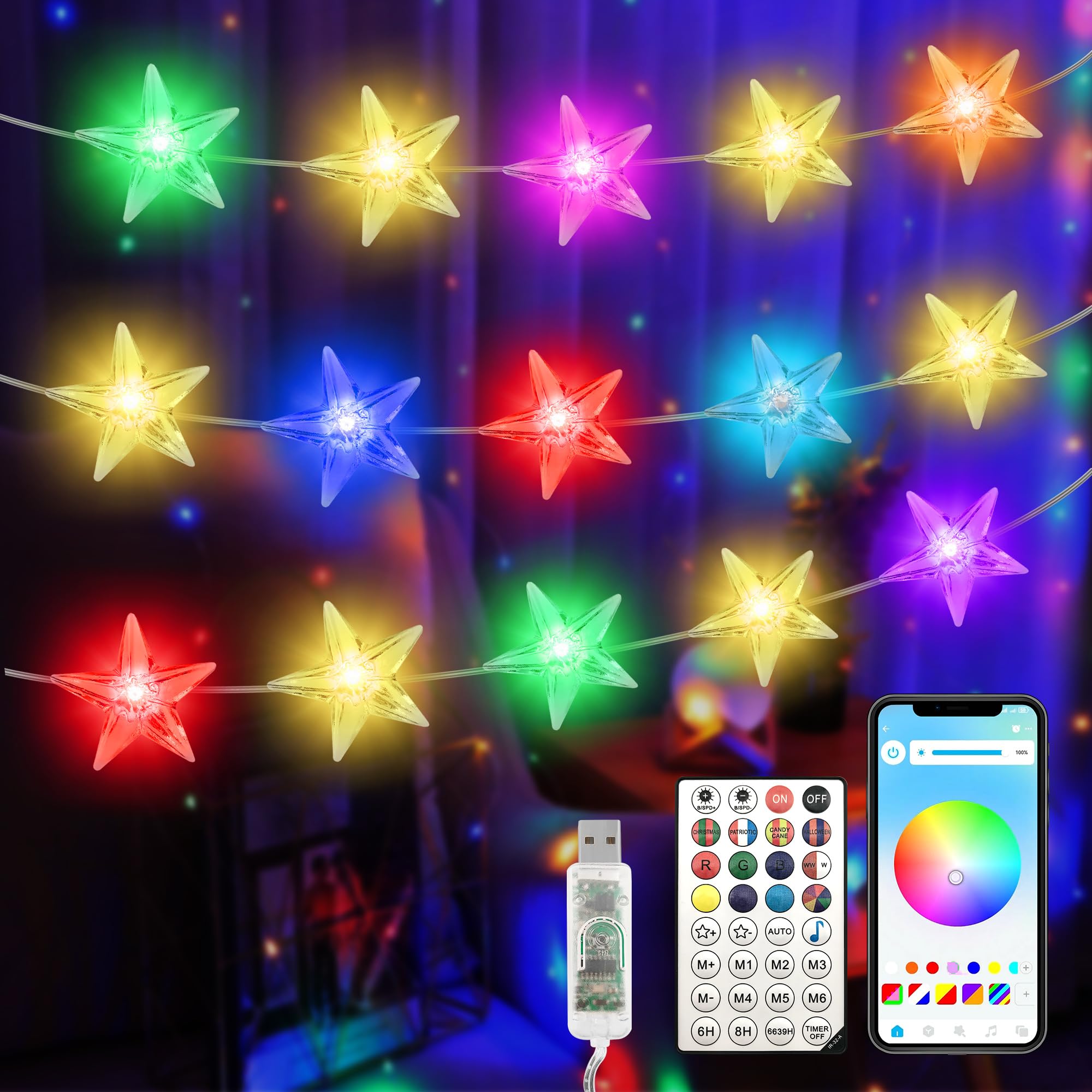Smart Star - Luces de Navidad para interiores, 33 pies, 80 luces LED USB, aplicación y control remoto, sincronización de música, cadena de luces de estrella para dormitorio