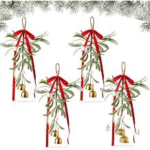 Suncalla 4 Pack Christmas Mistletoe Decor with Red Velvet Bow and Bells Christmas Artificial Mistletoe Ornament with Sprigs White Berries Kissing Ball Hanging Bouquet for Xmas Tree Doorway Decorations