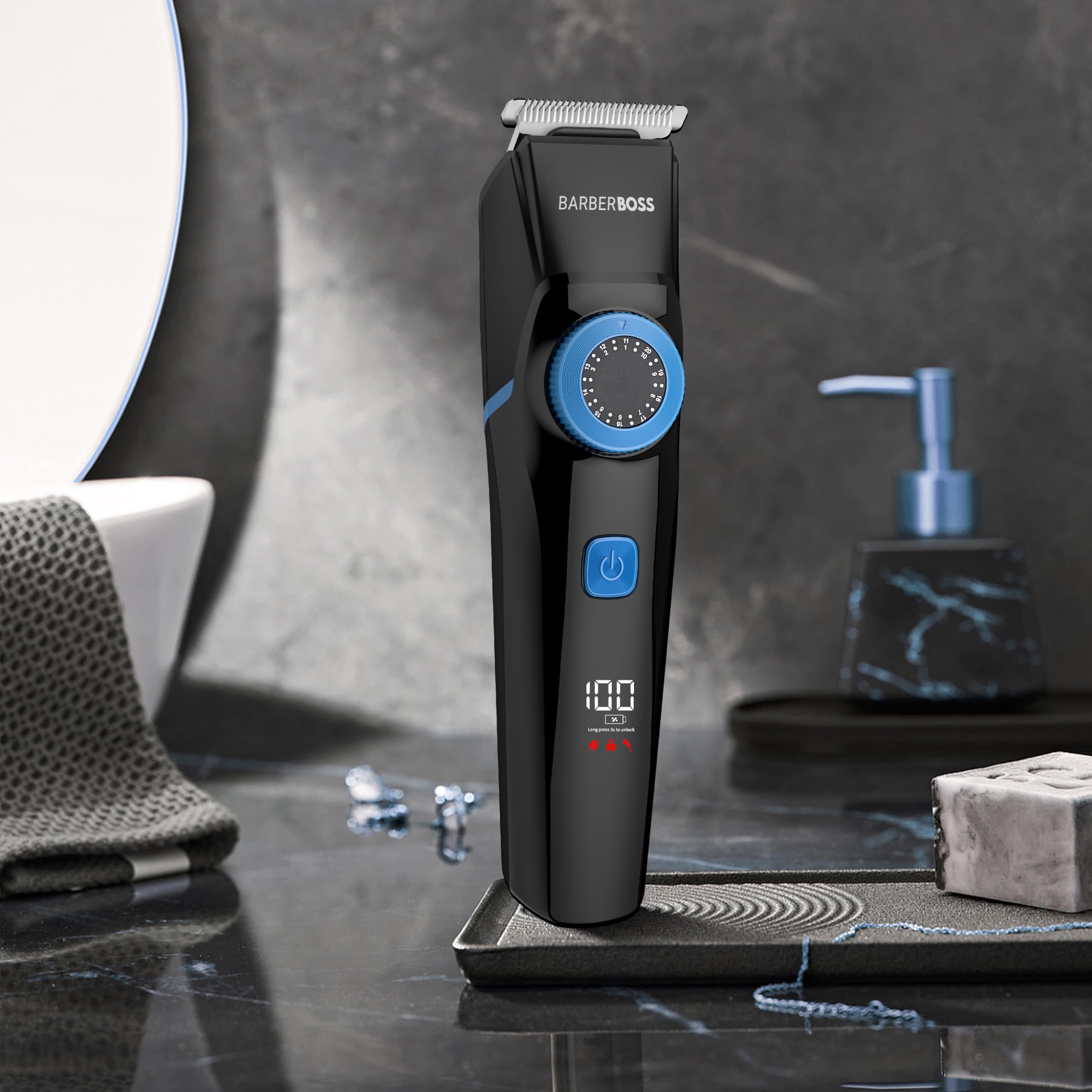 BarberBoss Regolabarba da uomo, 3 in 1, per capelli, barba e dettagli, display a LED, 3 testine di taglio, ricarica USB e design impermeabile, kit di toelettatura ricaricabile con quadrante