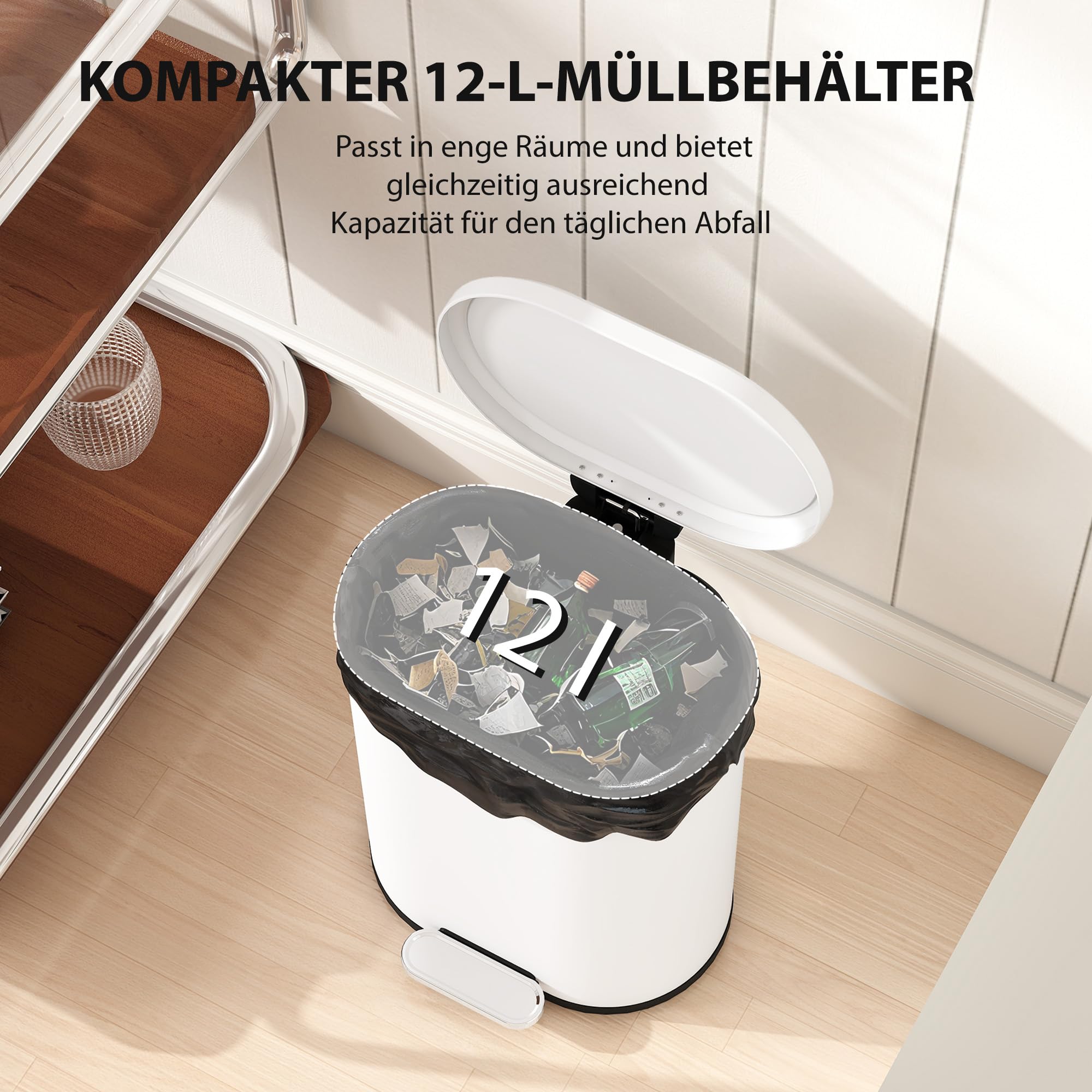 HOMCOM Cubo de pedal 12L, blanco, 30x25.5x37.5cm