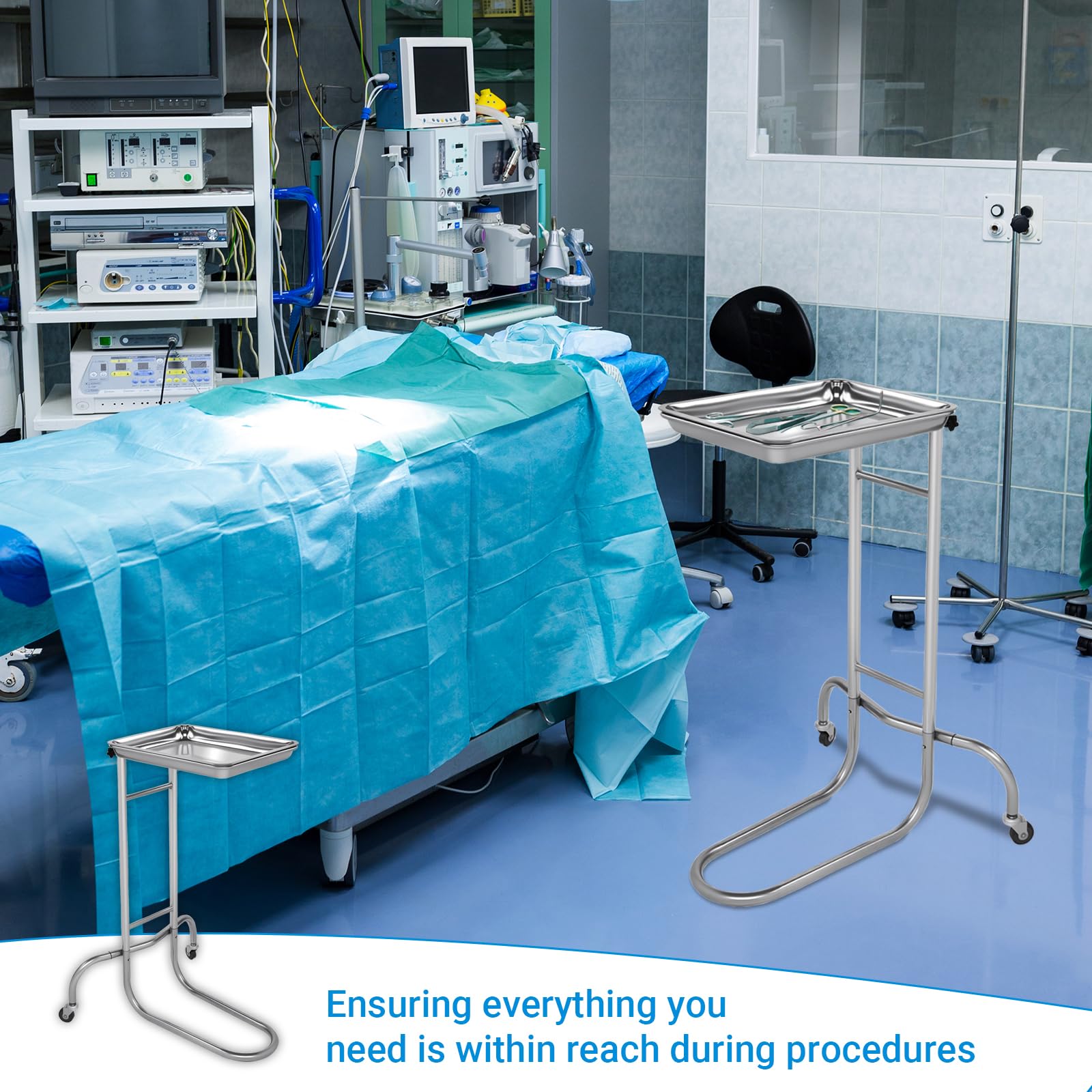 Mayo Instrument Stand, Mobile Rolltisch für Zahnmedizin, Veterinärmedizin, Haustierkliniken Zubehör - Verstellbare Höhe 35 "-51" Doppelposten Dienstwagen mit Lift-Out-Tray (A)
