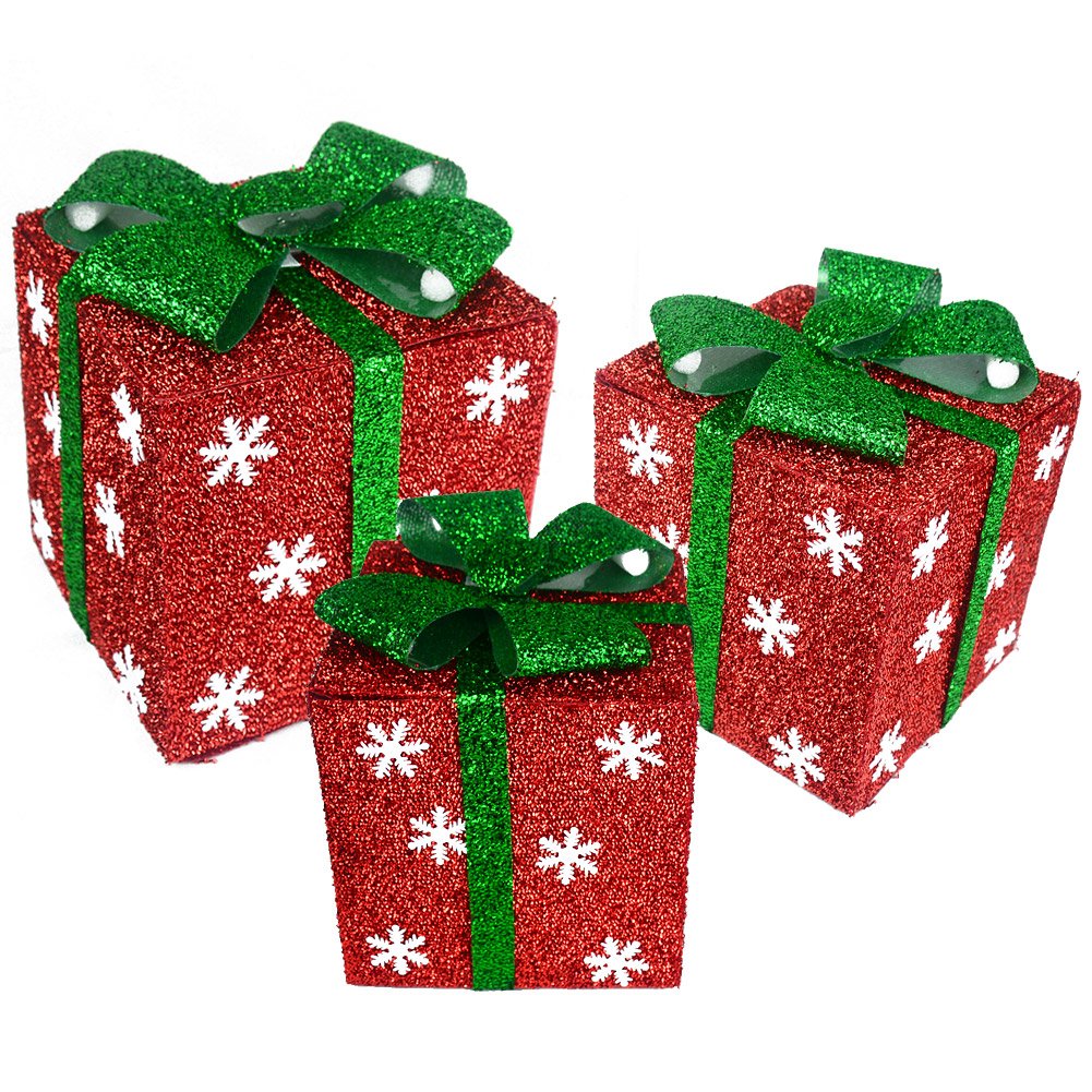 Quntis Set di 3 Pacchi Luminosi Natalizi, LED Scatole Natalizie Luminose con Timer & 8 modalità di Flash, Decorazioni Albero di Natale con Perle e Fiocco Intrecciato Bianco Puro (Rimovibile), Spina