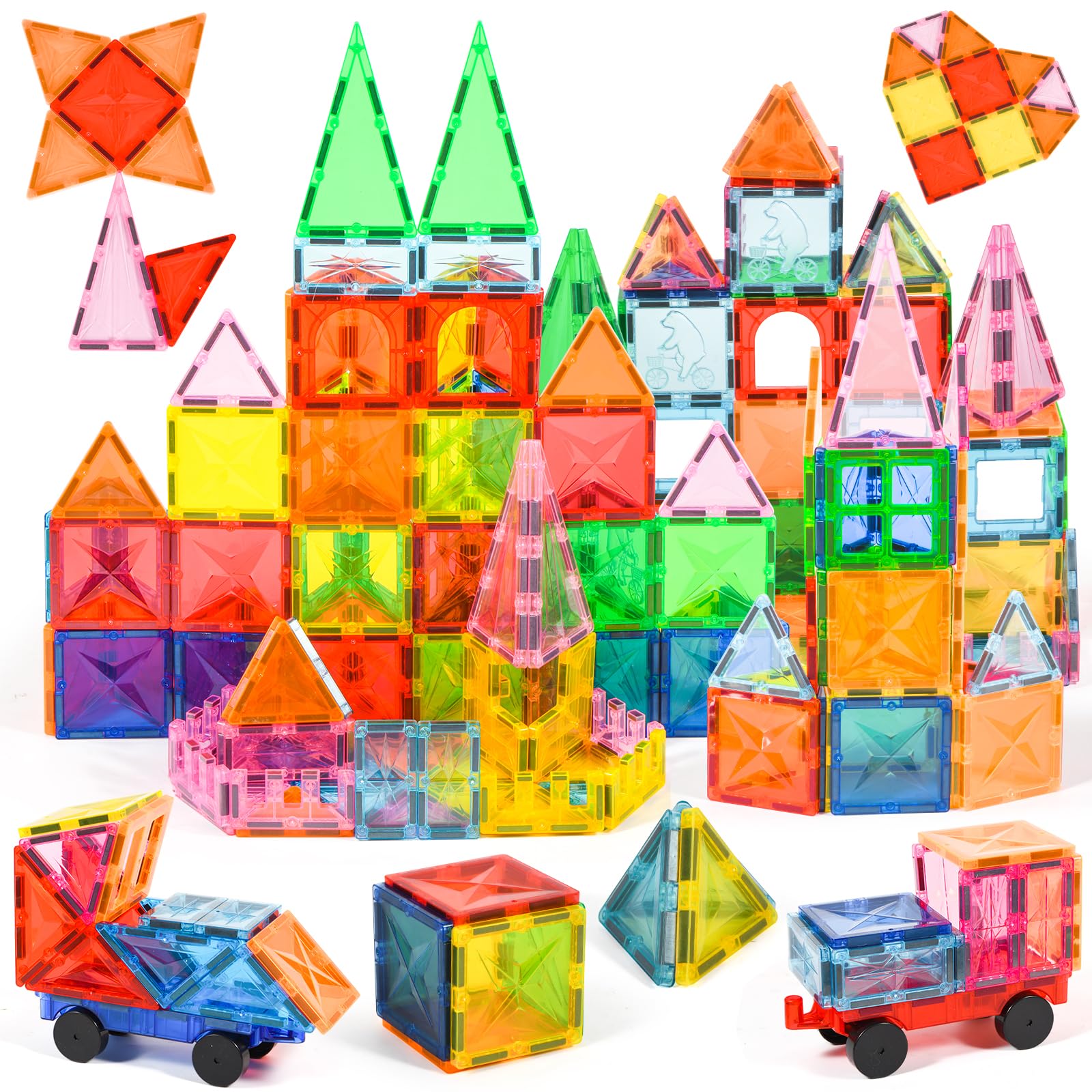 Arrytoy 100PCS Magnetic Building Blocks Tiles-STEM Magnetic Blocks Toys with 2 Cars,Learning Educational Construction Toys for Boys Girls Kid