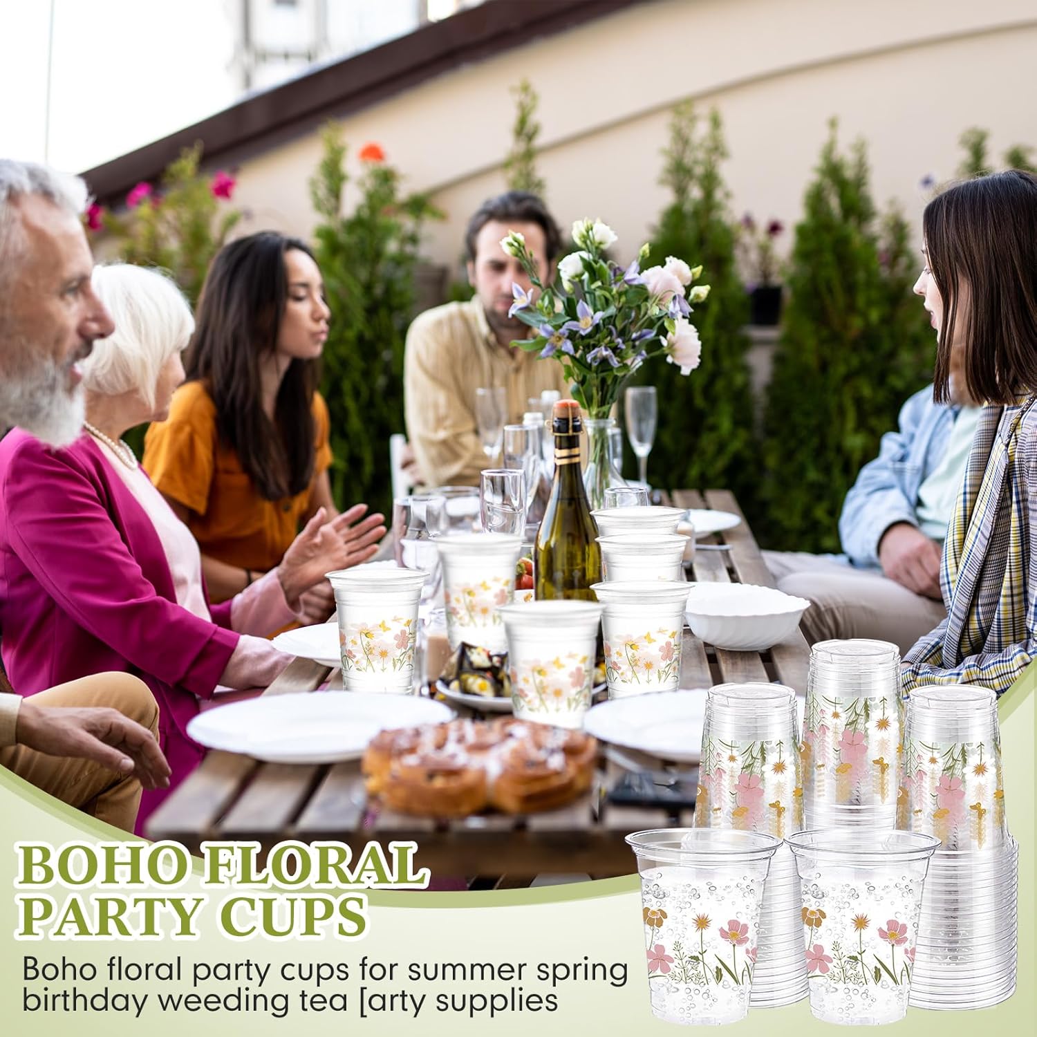 Hushee 60 Pcs Boho Floral Cups with Spring Summer Flower 16 oz Wildflowers Plastic Disposable Drinking Cups for Summer Spring Autumn Birthday Baby Shower Party Supplies