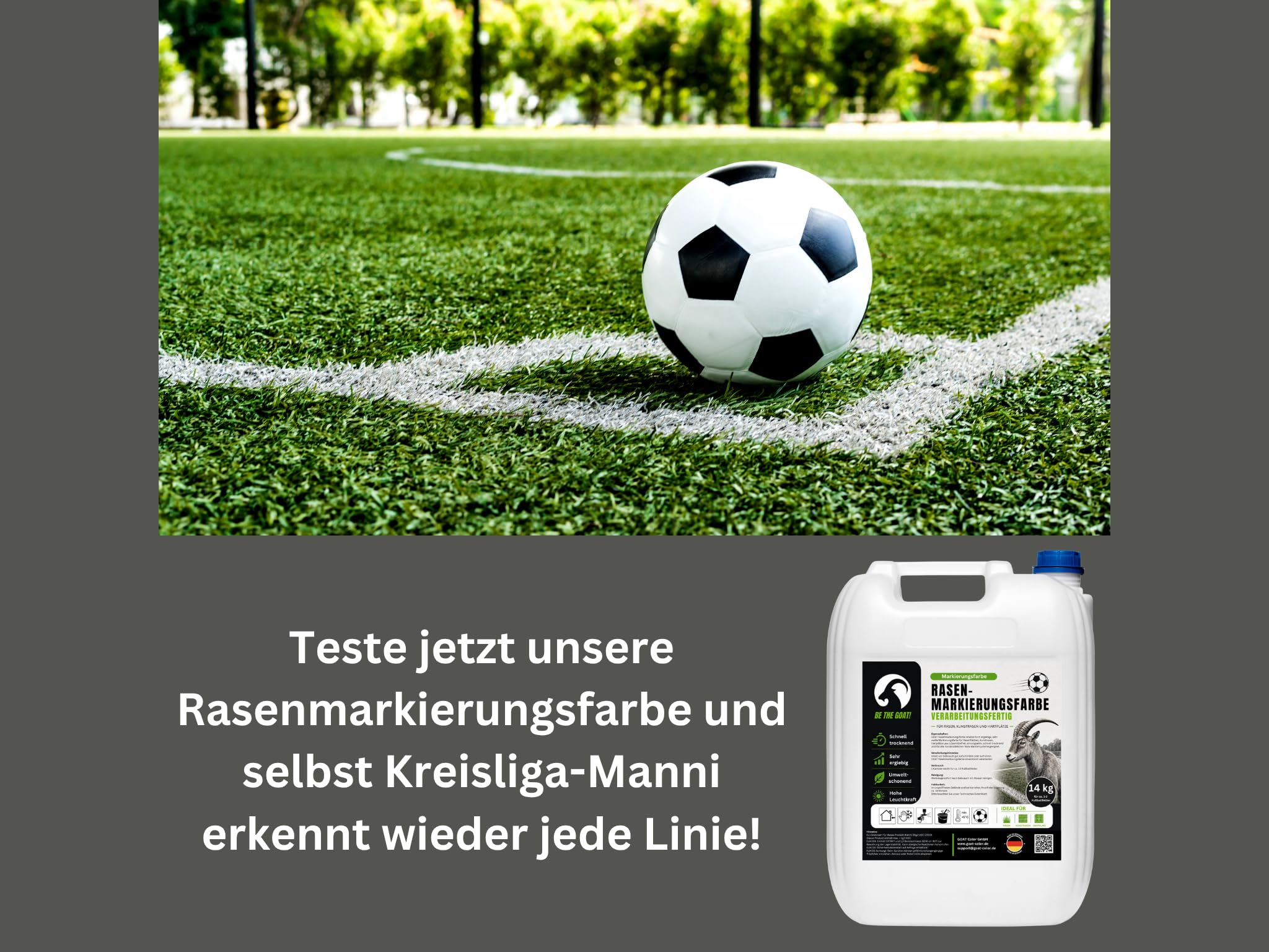 GOAT Rasenmarkierungsfarbe | Gebrauchsfertig | Rasenfarbe | Sportplatzfarbe | 14kg (4x 14kg)