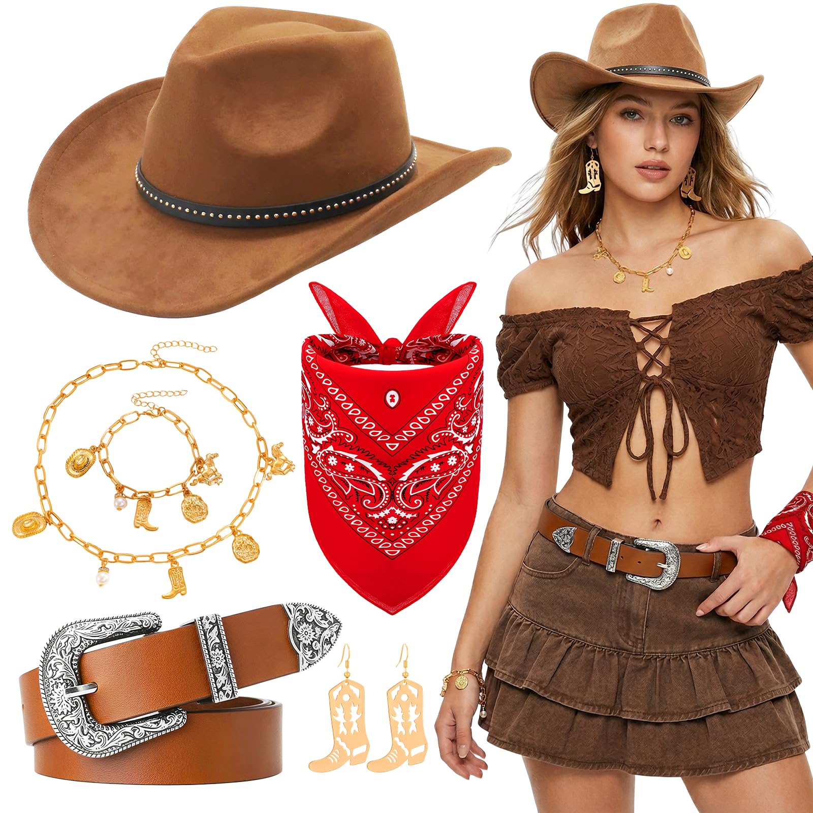 Kyndara 6Pcs Cowboy Hat Accessories for Women, Western Cowboy Costume Set with Wide Brim Hat Belt Bandana Necklace Bracelet Earrings for Adult Carnival Country Music Festival Theme Parties