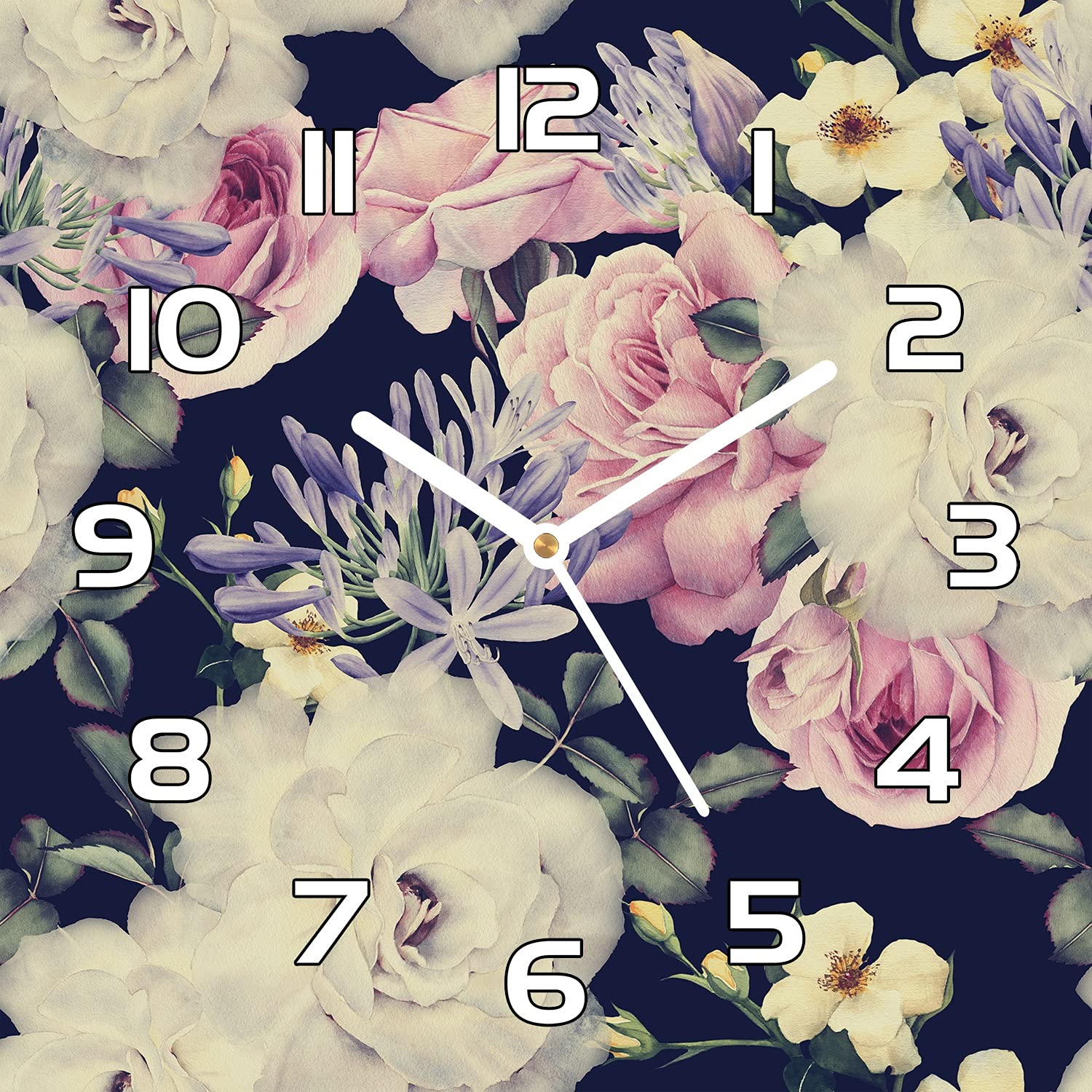 Horloge en verre cuisine salon 30x30 cm murale moderne fleurs vintage