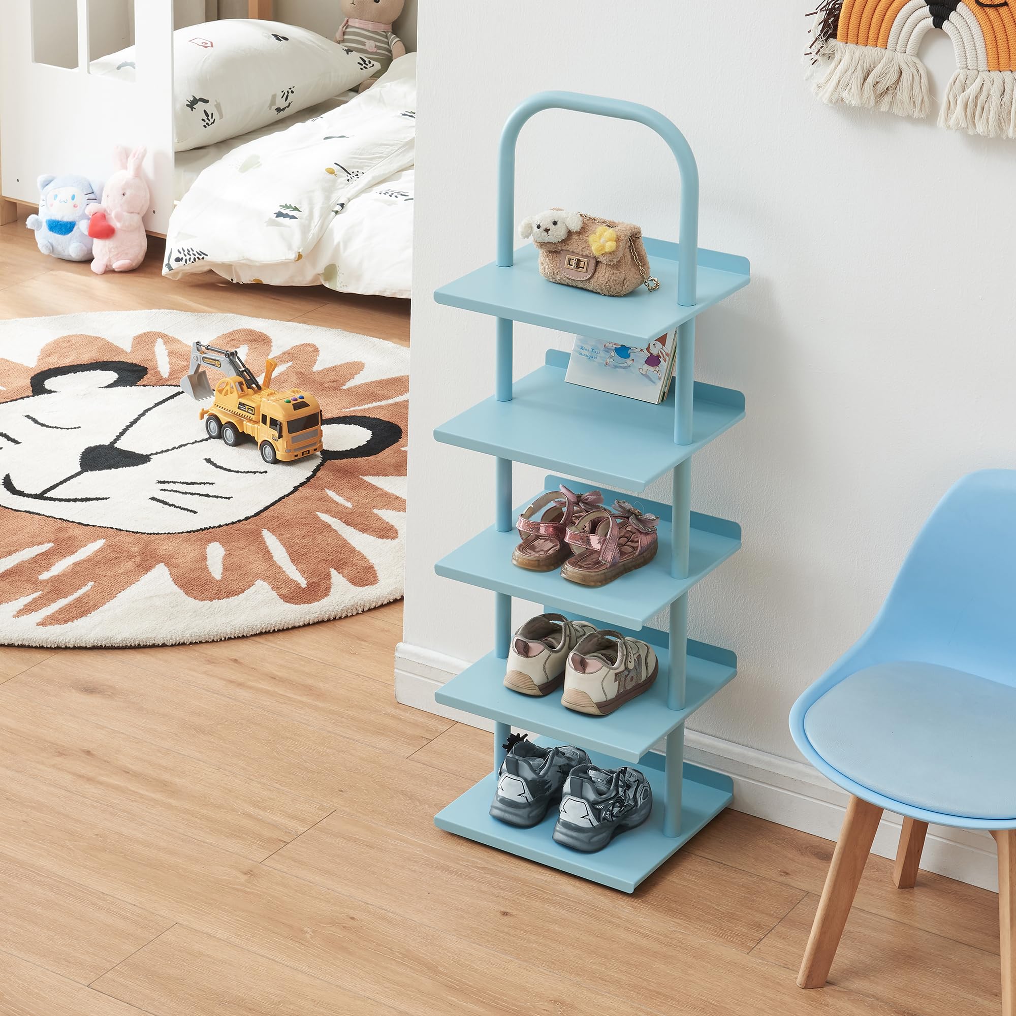 [en.casa] Schuhregal schmal für Kinder Poytya Schuhablage hoch für 5 Paare Organizer Standregal mit 5 Ebenen Metall 96 x 30 x 27 cm Blau