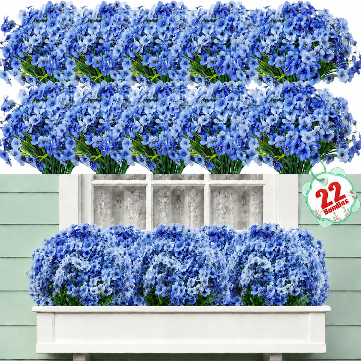 22 Pack Artificial Flowers Outdoor Fake Plants, Faux Flowers UV Resistant with Plastic Plants, Faux Silk Flowers for Outdoors Outside Front Porch Hanging Planter Window Box Garden Decoration(Blue)