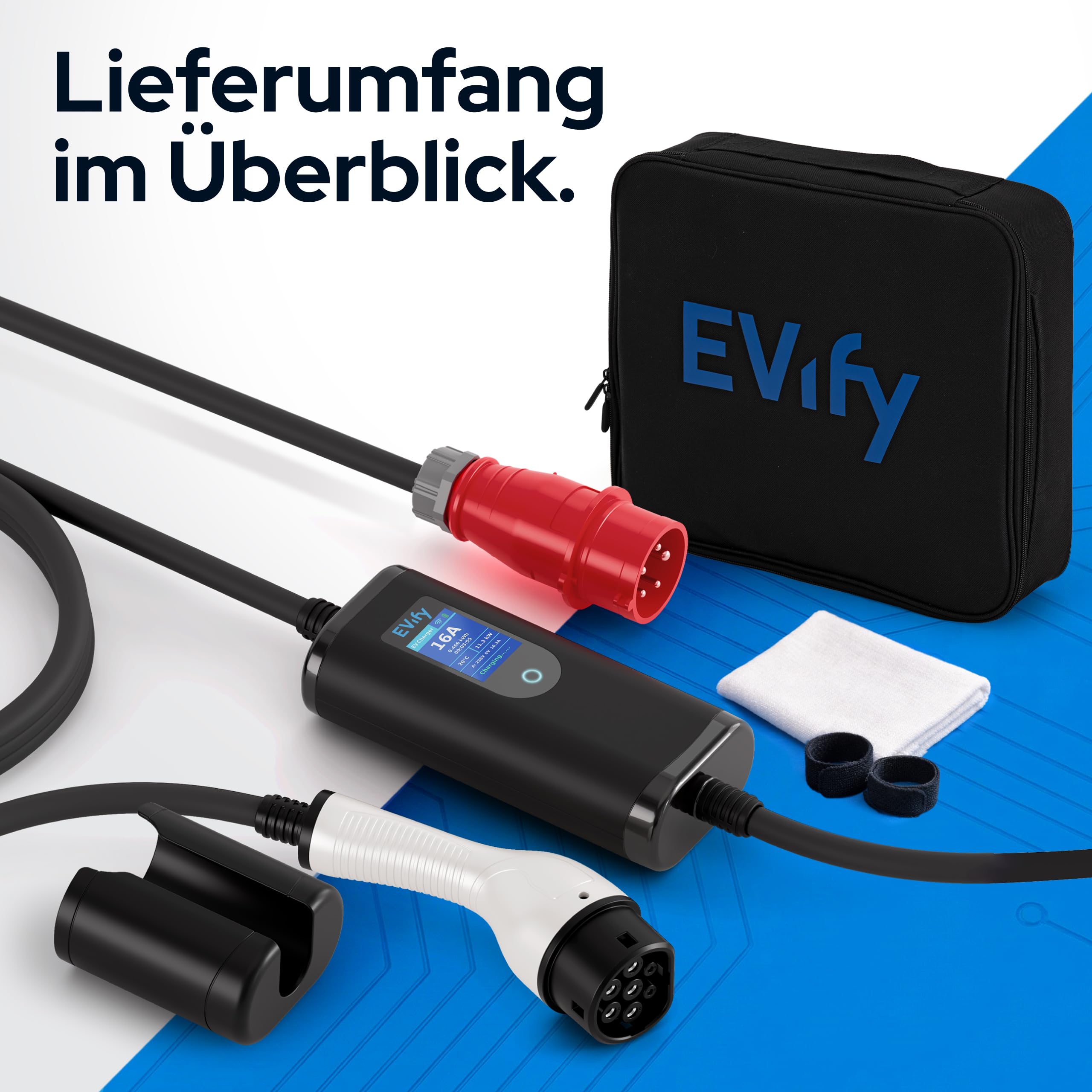 Mobile Wallbox 11kW Ladegerät Typ 2 - Ladekabel CEE 16a auf Typ 2 3-Phasig 5M, Ladegerät Ladeleistung einstellbar, Mobile Ladestation, Ladekabel E Auto Starkstrom, EV Charger 11kW mit Tasche
