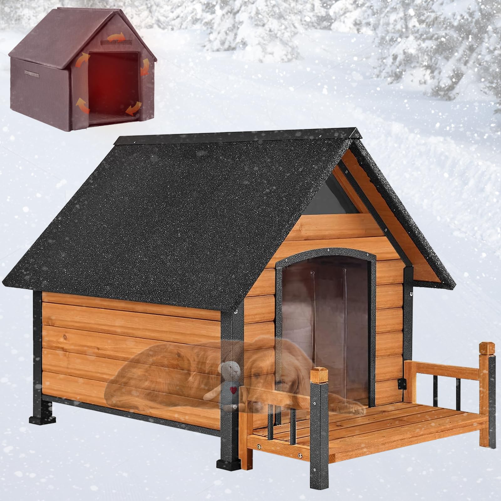 Dog House Outdoor, Insulated Dog Kennel Outside for Large Breed, 50.87" L Weatherproof Large Dog Shelter with Anti-Chewing Iron Frame (Brown, 45" D x 32.9" W x 32.6" H)